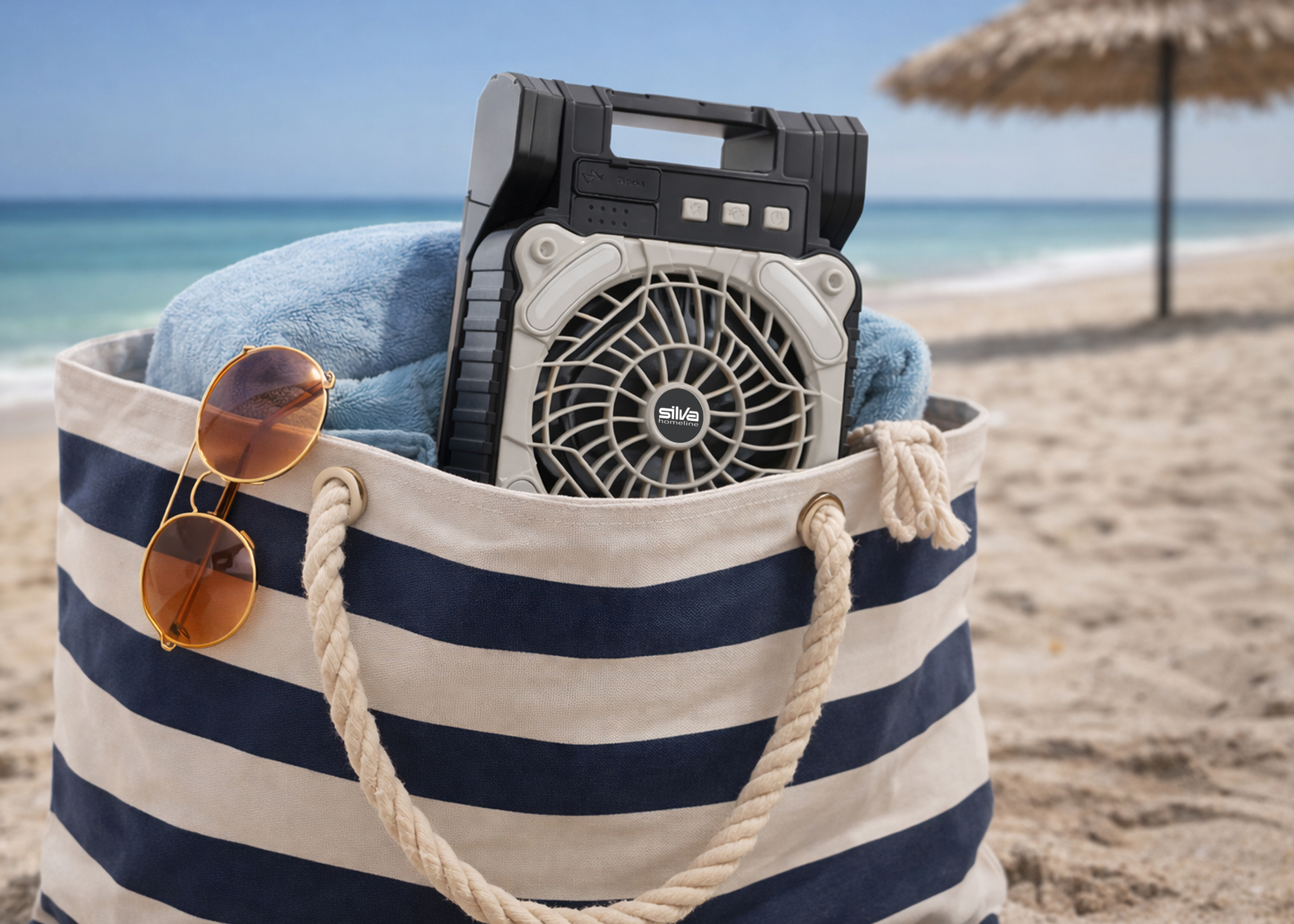 Strandtasche mit Lautsprecher, Handtuch und Sonnenbrille am Strand.