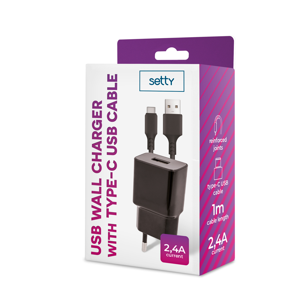 Ładowarka sieciowa USB Setty z kablem typu C, 2,4A, 1m.