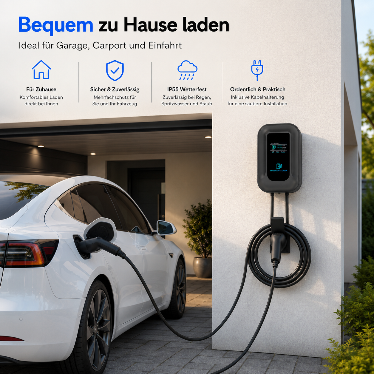Weiße Elektroauto lädt zu Hause an einer Wandladestation, ideal für Garage oder Carport.