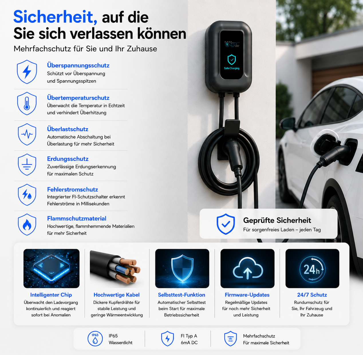 Ladegerät für Elektroautos an der Wand, mit erklärten Sicherheitsmerkmalen. Bietet Überspannungs-, Temperatur-, Überlastschutz.