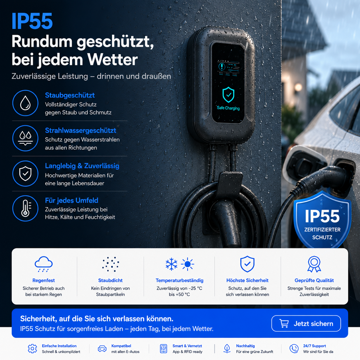 IP55 Ladestation für E-Autos, rundum geschützt bei jedem Wetter.