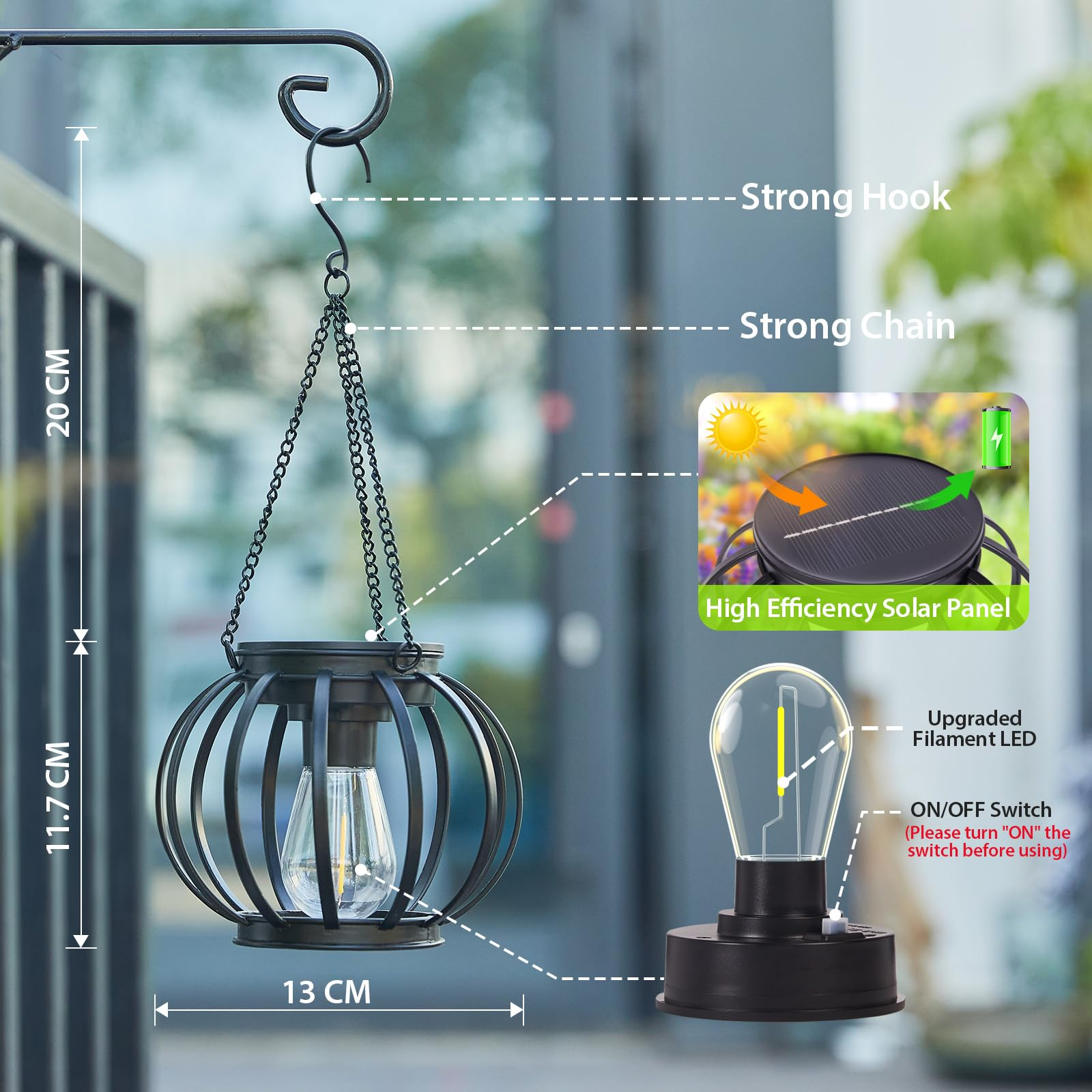 Schwarze Solar-Laterne mit Glühfaden-LED, die an einer Kette hängt.