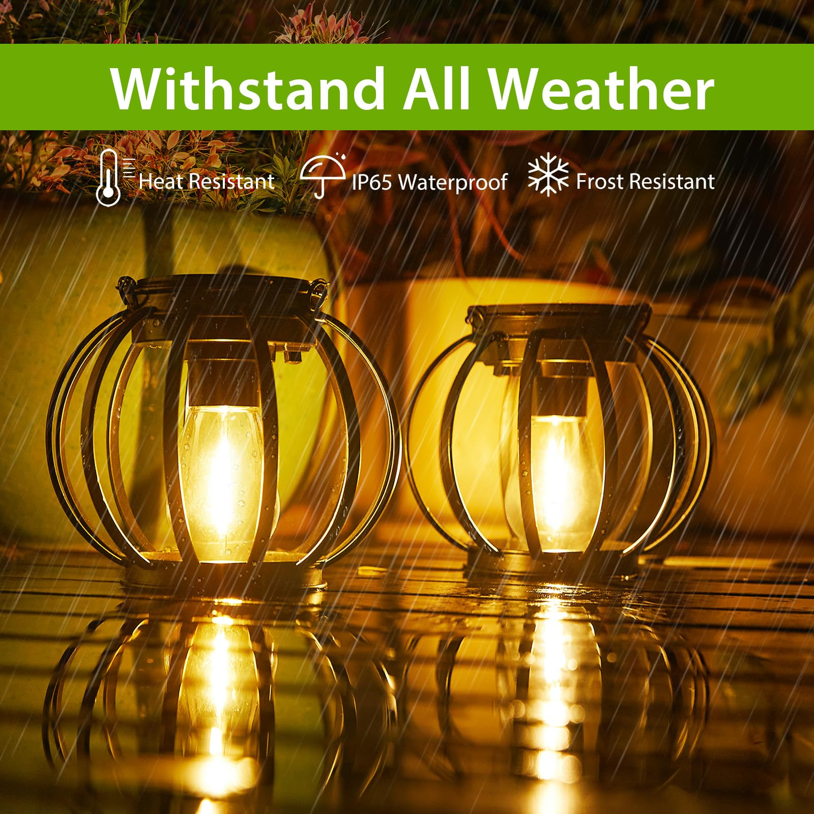 Zwei leuchtende Laternen bei Regen, die auf einer nassen Oberfläche reflektieren.