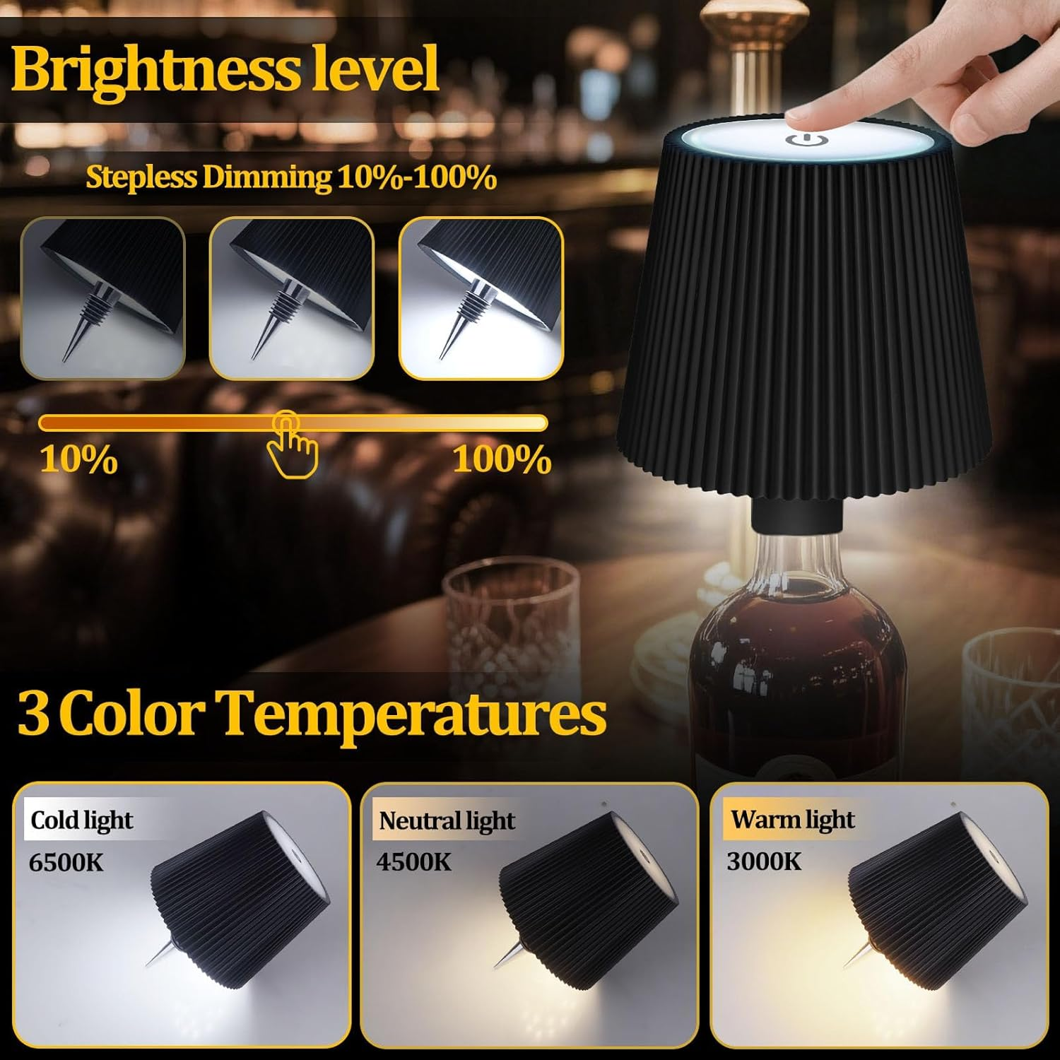 Eine Nachttischlampe mit schwarzem Faltenlampenschirm, die auf einer Flasche montiert ist. Helligkeits- und Farbtemperaturoptionen werden angezeigt.