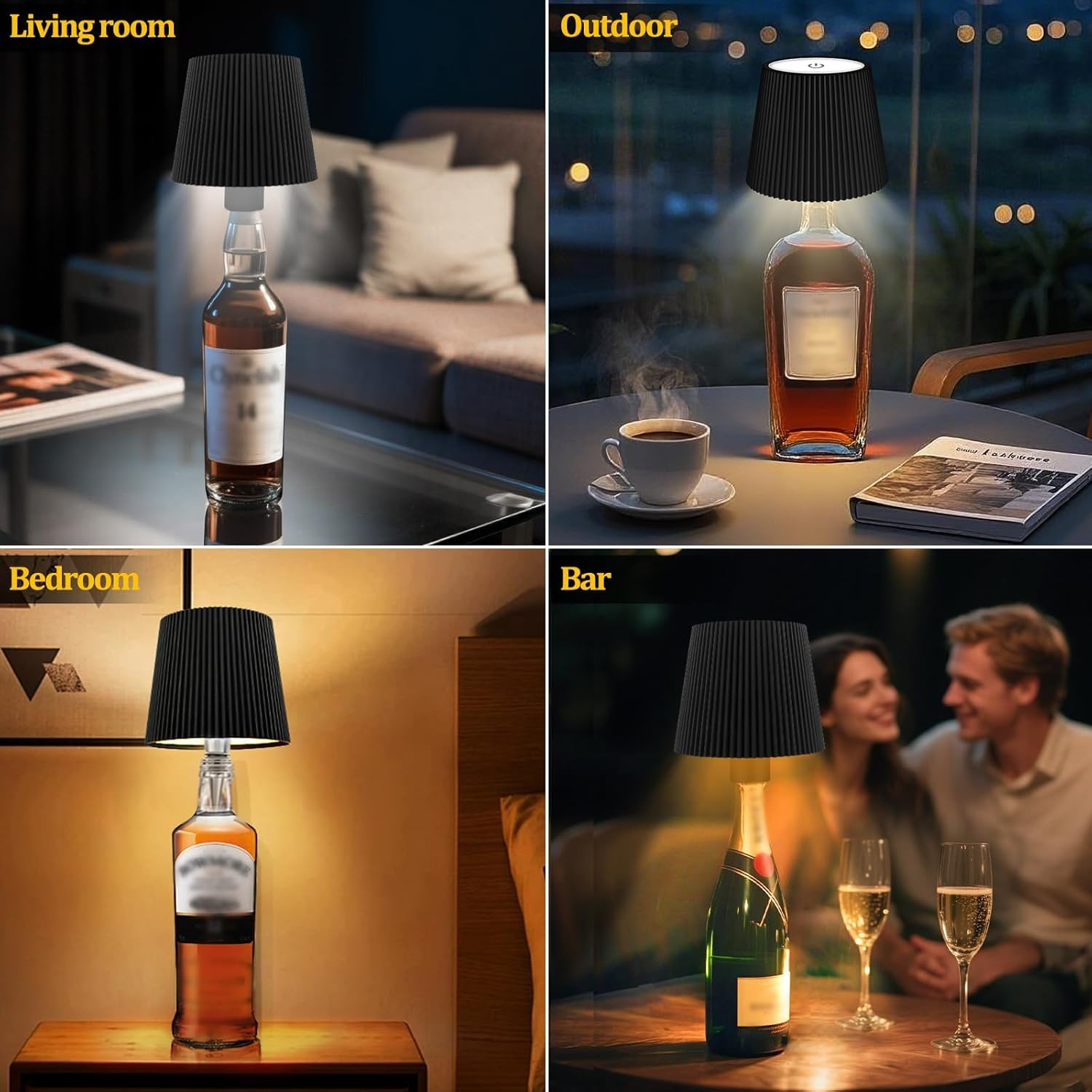 Eine Lampe aus einer Flasche mit schwarzem Schirm, in verschiedenen Umgebungen.