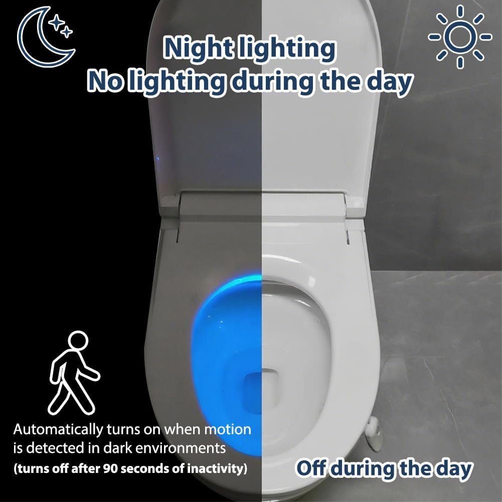 Weiße Toilette mit blauem Nachtlicht, das bei Dunkelheit angeht.