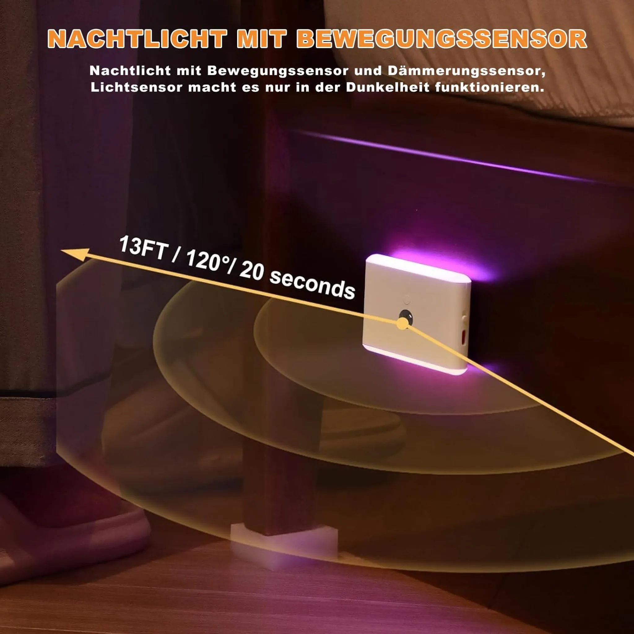 Ein weißes Nachtlicht mit Bewegungssensor leuchtet lila.