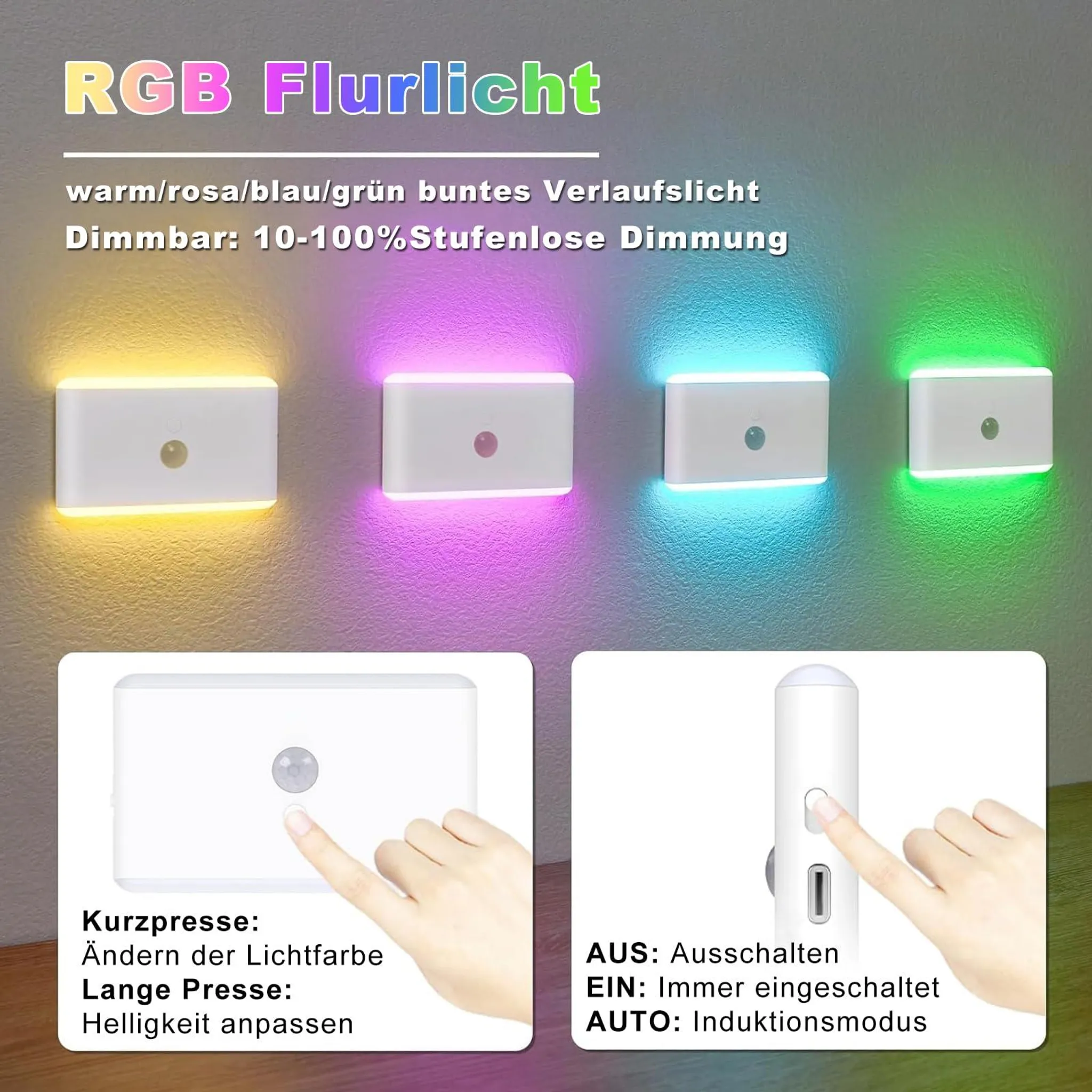 RGB Flurlicht in Gelb, Lila, Blau und Grün. Bedienung wird erklärt.