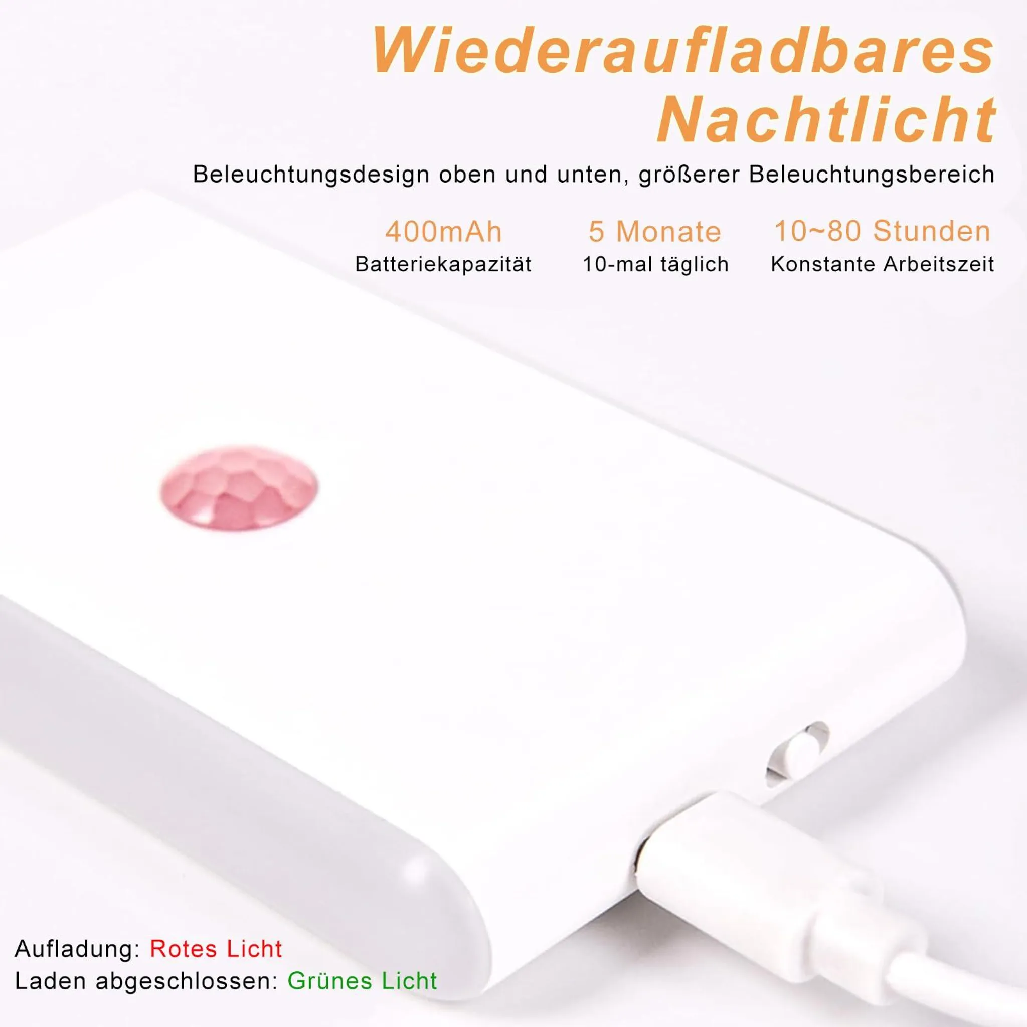 Ein wiederaufladbares Nachtlicht mit 400mAh Akku wird geladen.