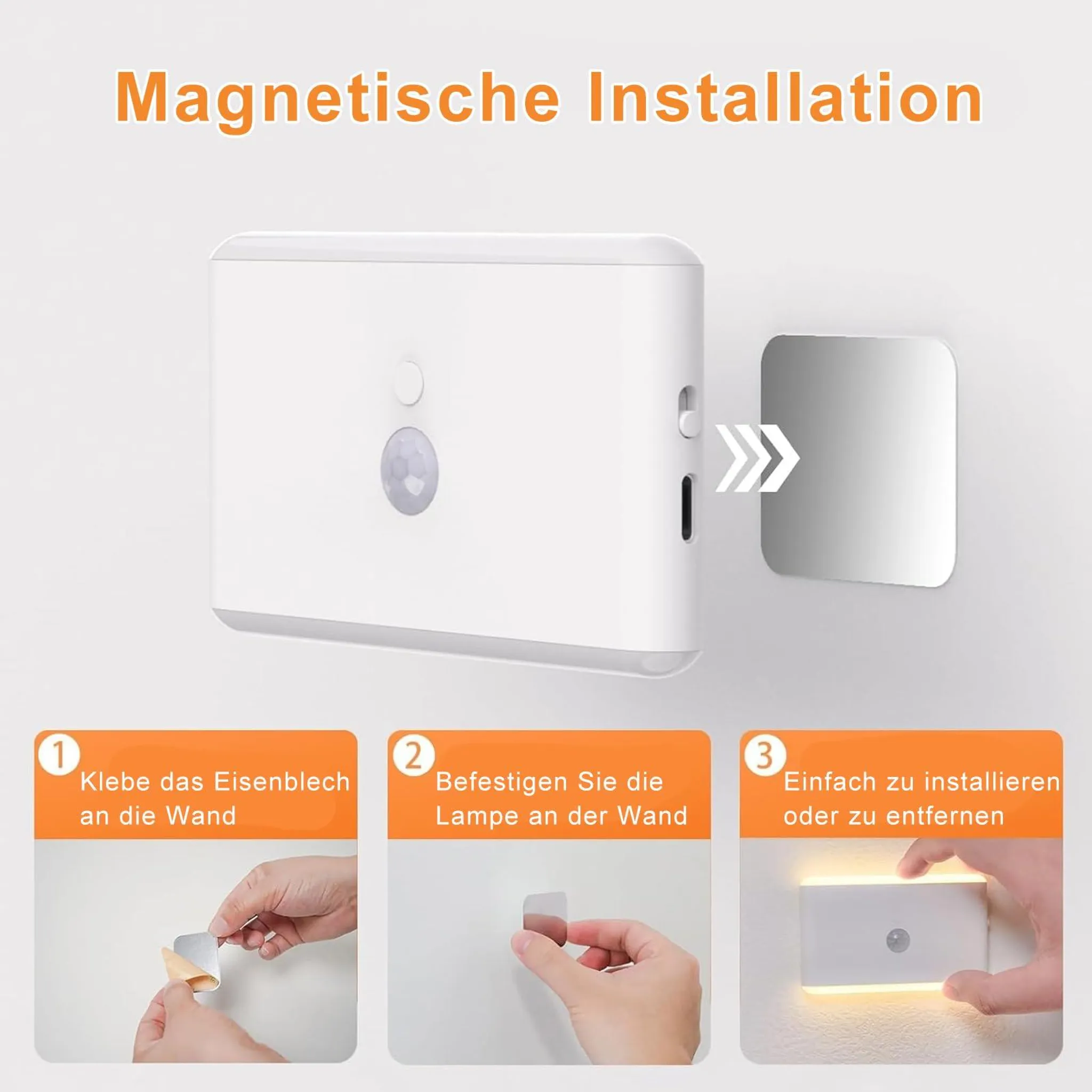 Anleitung für magnetische Installation einer weißen Lampe mit Bewegungssensor.