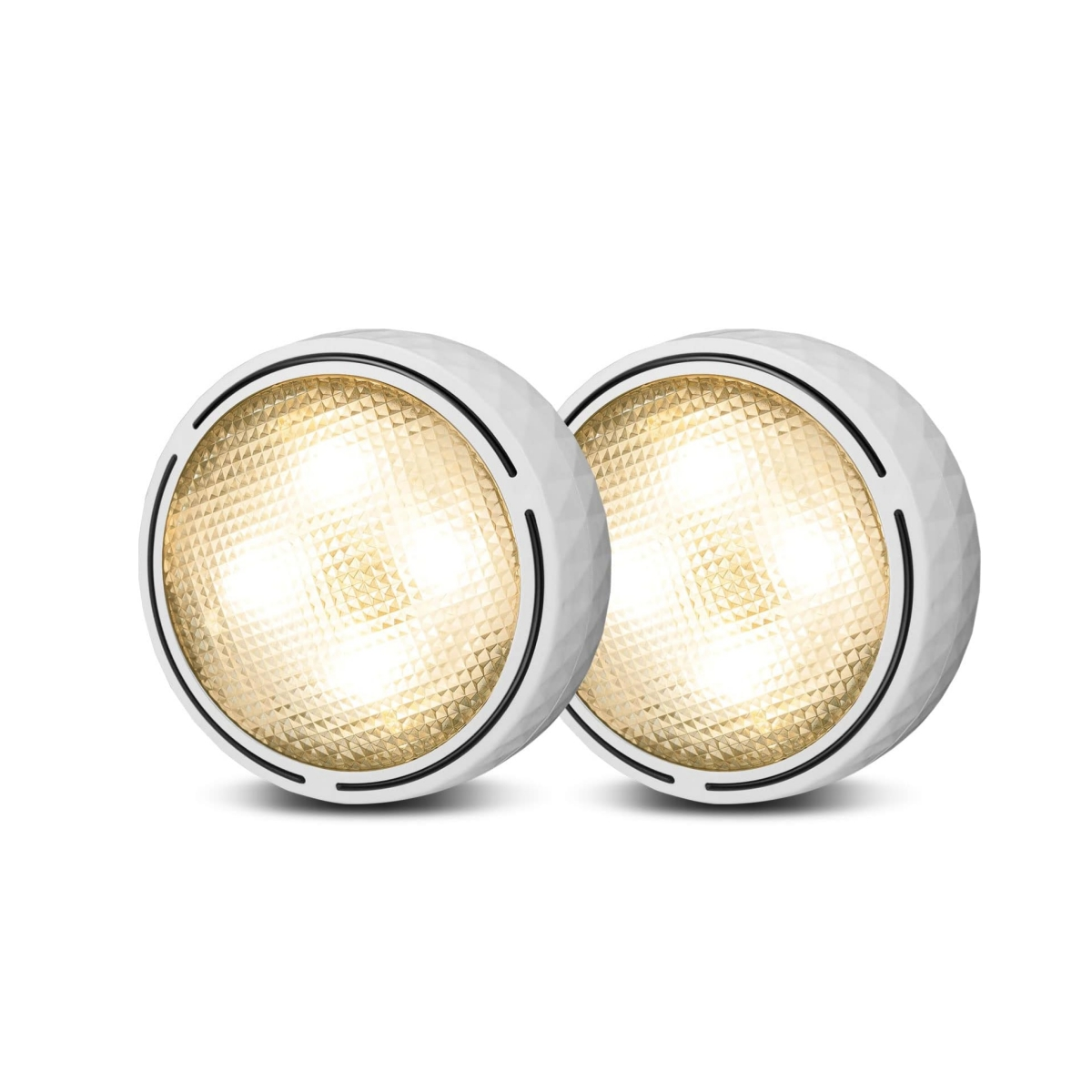 Zwei weiße runde Lichter mit goldenen Akzenten und einem Rautenmuster.