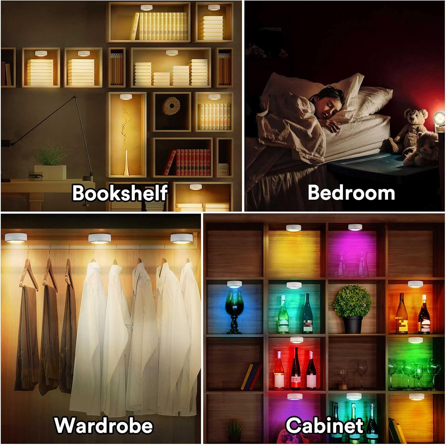 Collage: Bücherregal, Schlafzimmer, Kleiderschrank und Schrank mit LED-Lichtern.