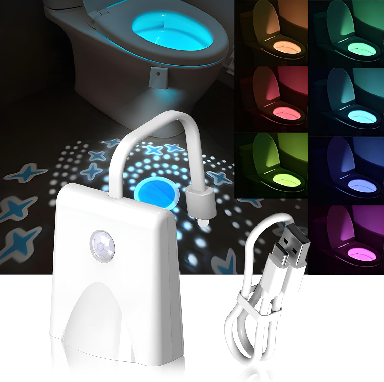 Ein weißes Toilettenlicht mit Bewegungssensor und USB-Kabel.