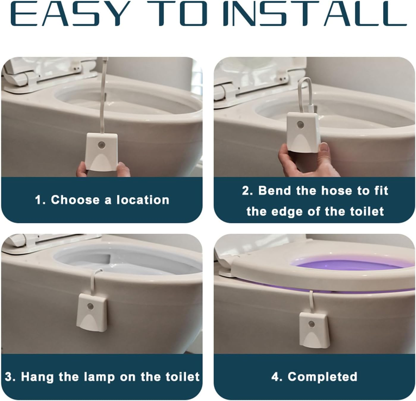 Toilettenlicht-Installation: 1. Ort wählen, 2. Schlauch biegen, 3. Licht aufhängen, 4. Fertig.