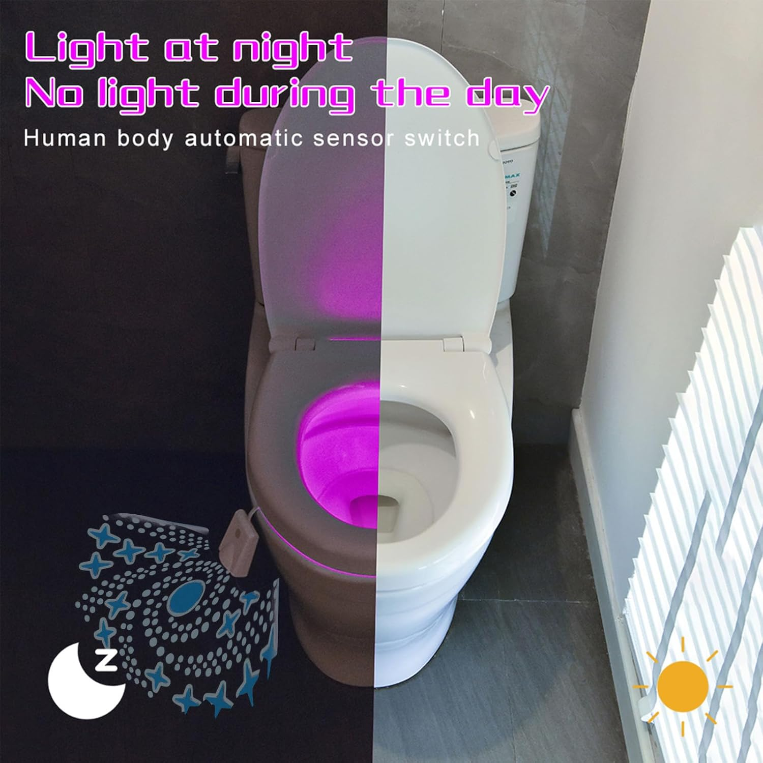 Eine Toilette mit Nachtlicht, links ein Nachtlicht-Aufkleber, rechts ein Fenster.