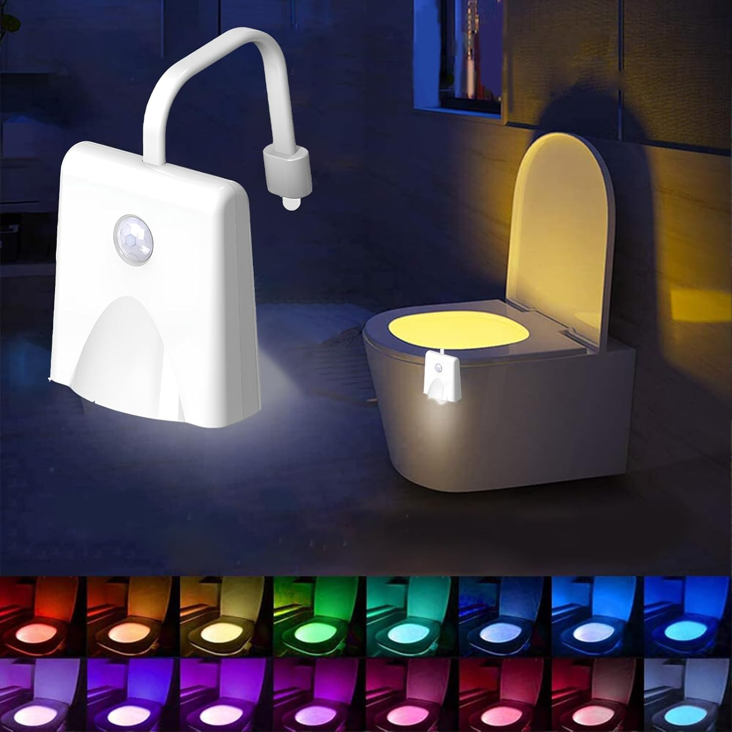 Ein Nachtlicht für die Toilette mit Bewegungssensor, das verschiedene Farben anzeigen kann.