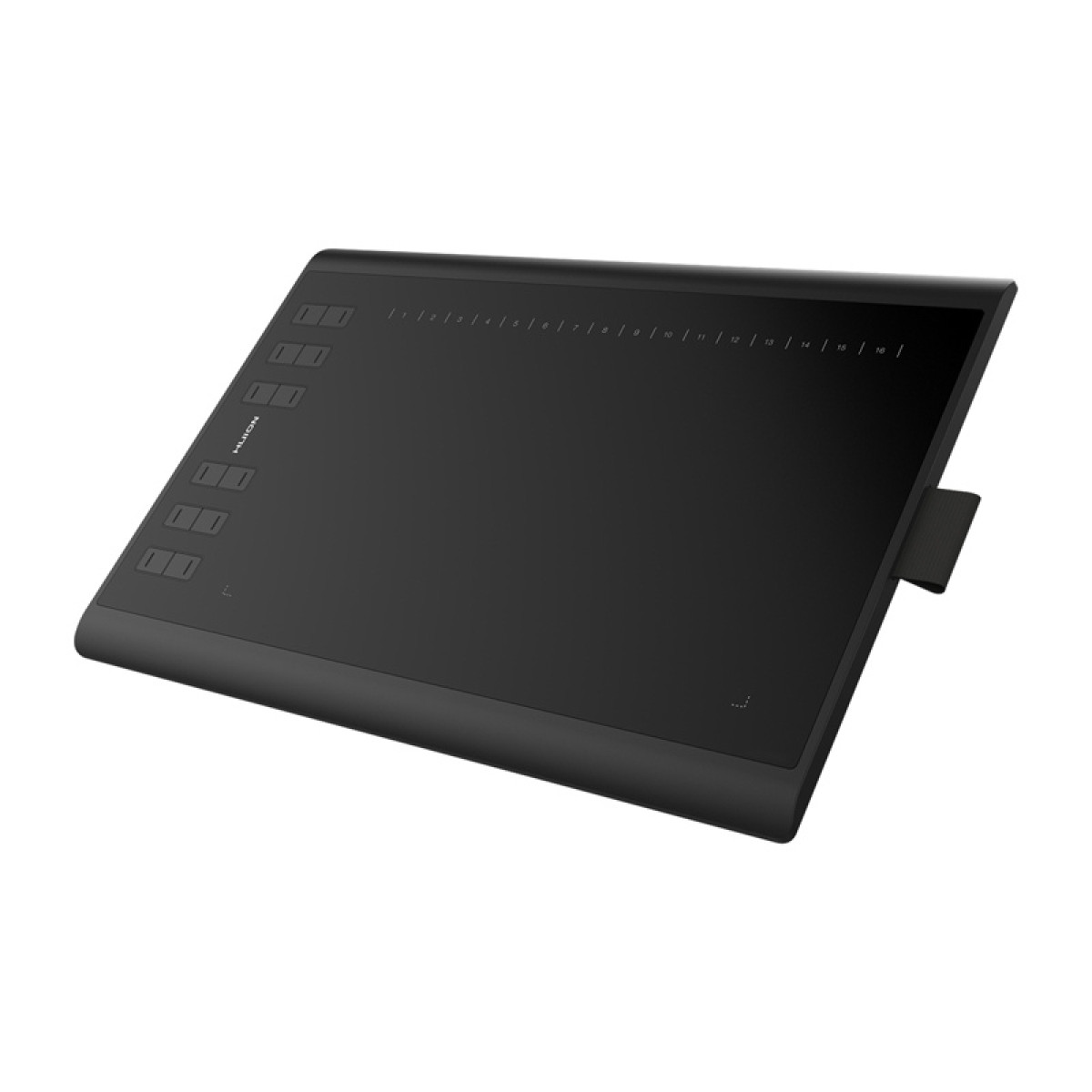 Czarny tablet graficzny z przyciskami i ponumerowanym paskiem na białym tle.
