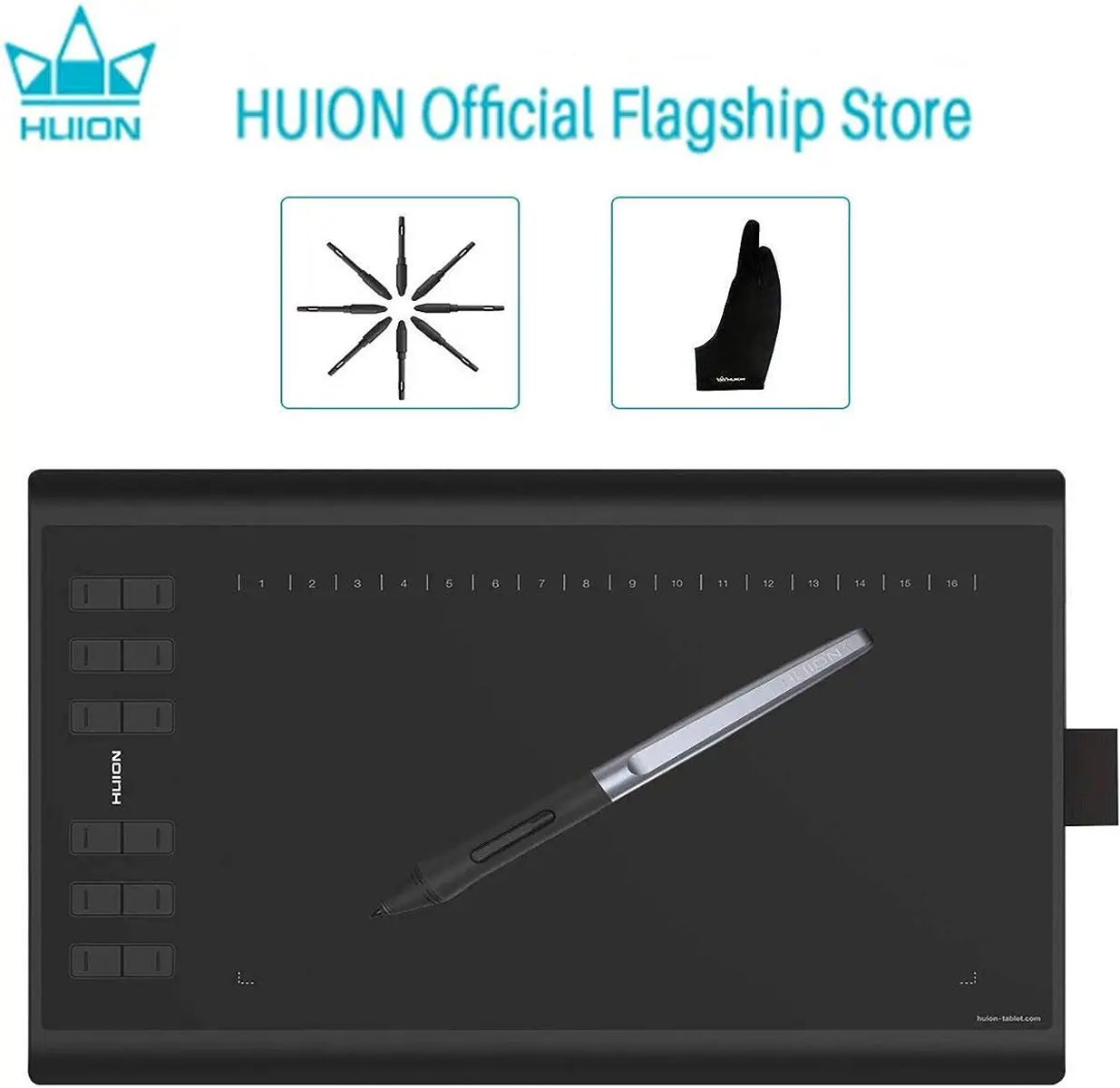 Tablet graficzny HUION z piórkiem, zapasowymi końcówkami i rękawiczką.