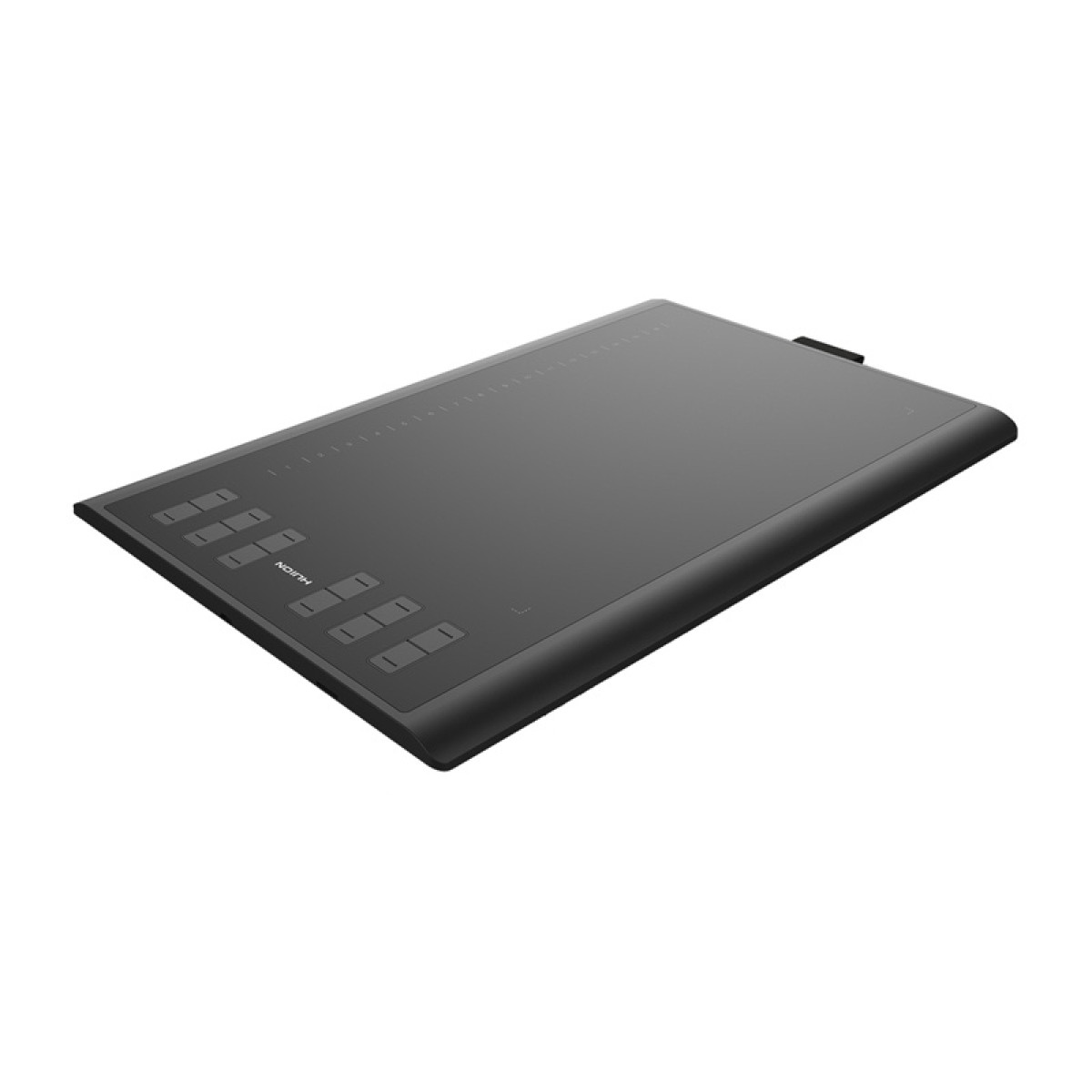 Czarny tablet graficzny z wieloma przyciskami, na białym tle.