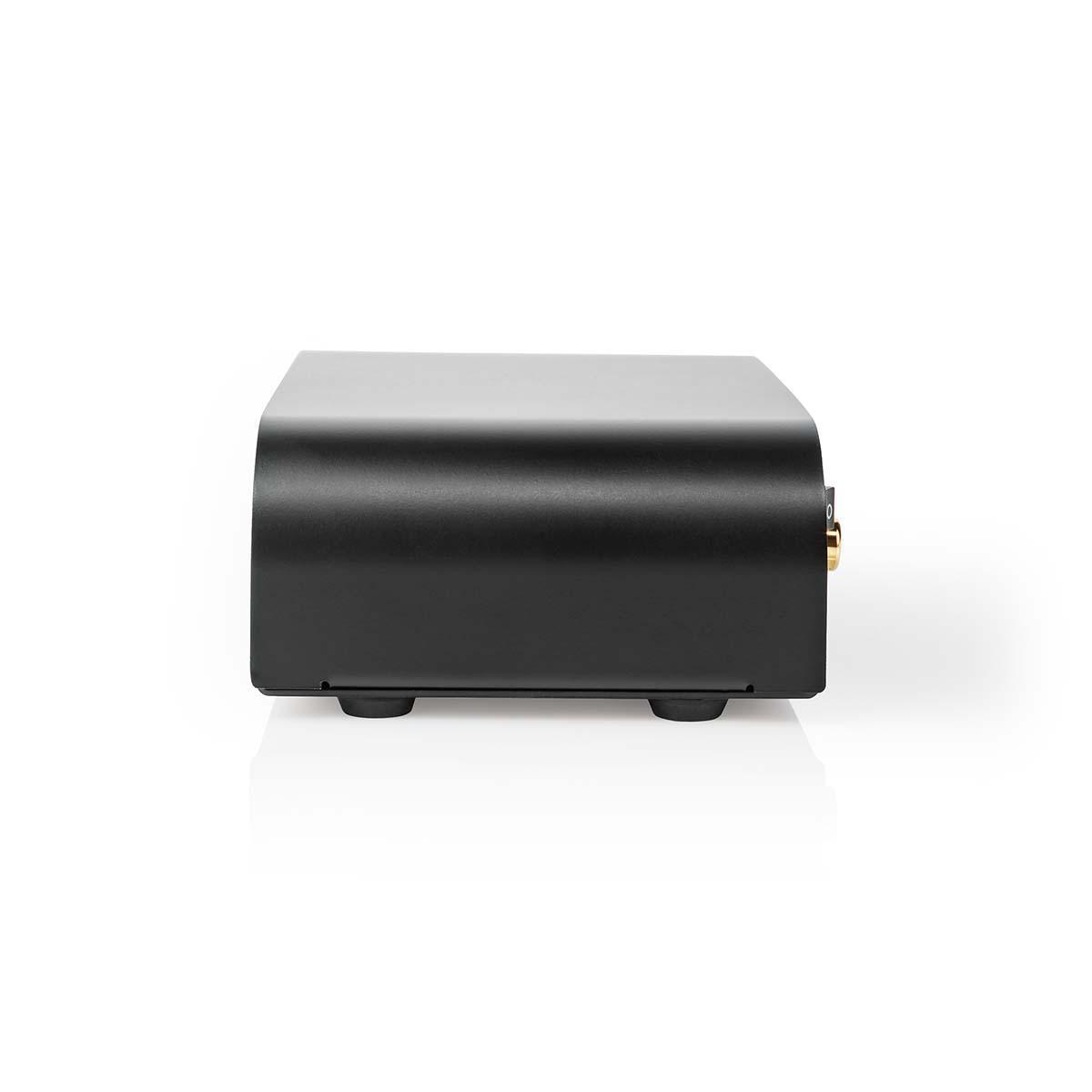 Black rectangular device with rounded corners on four feet.