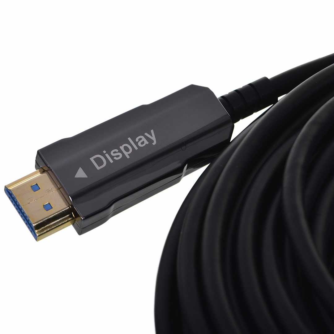 Czarny kabel z szarym złączem z napisem "Display" i złotą wtyczką HDMI.