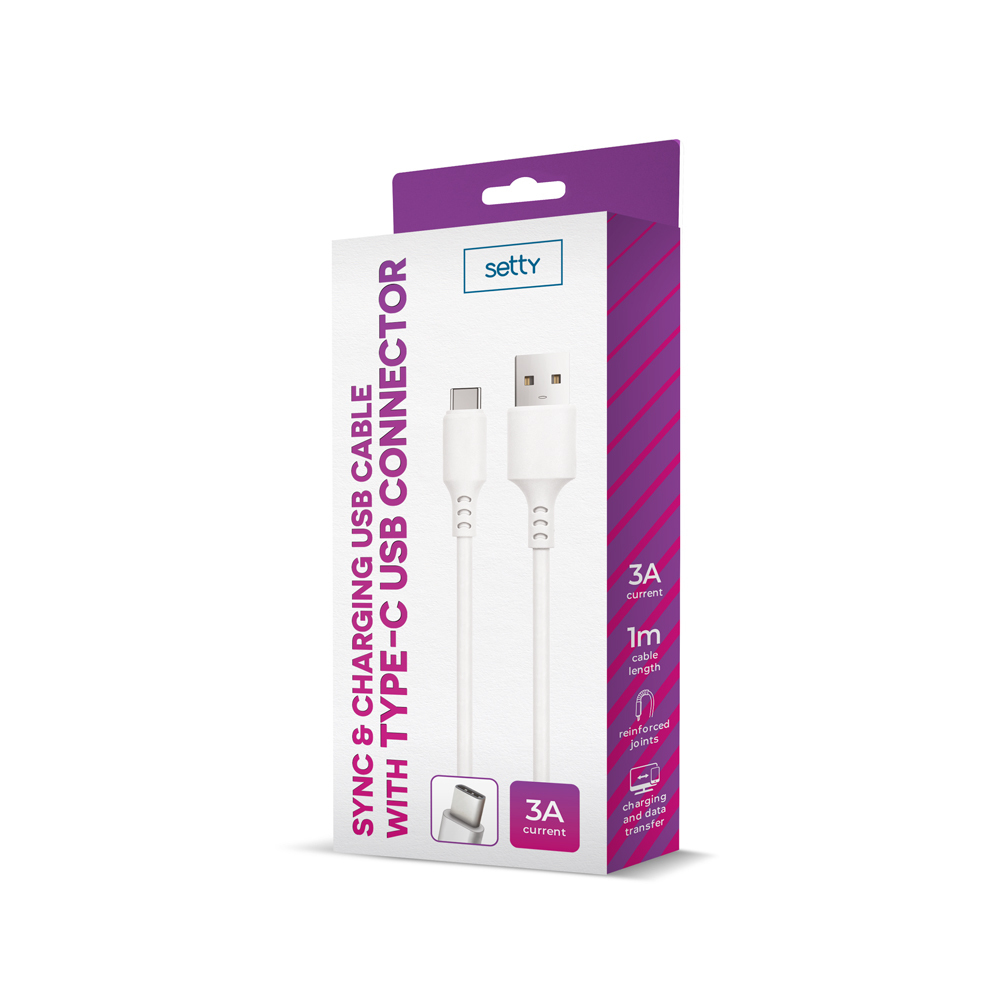 Confezione bianca cavo USB-C Setty con immagine cavo. 3A, 1m, giunti rinforzati.