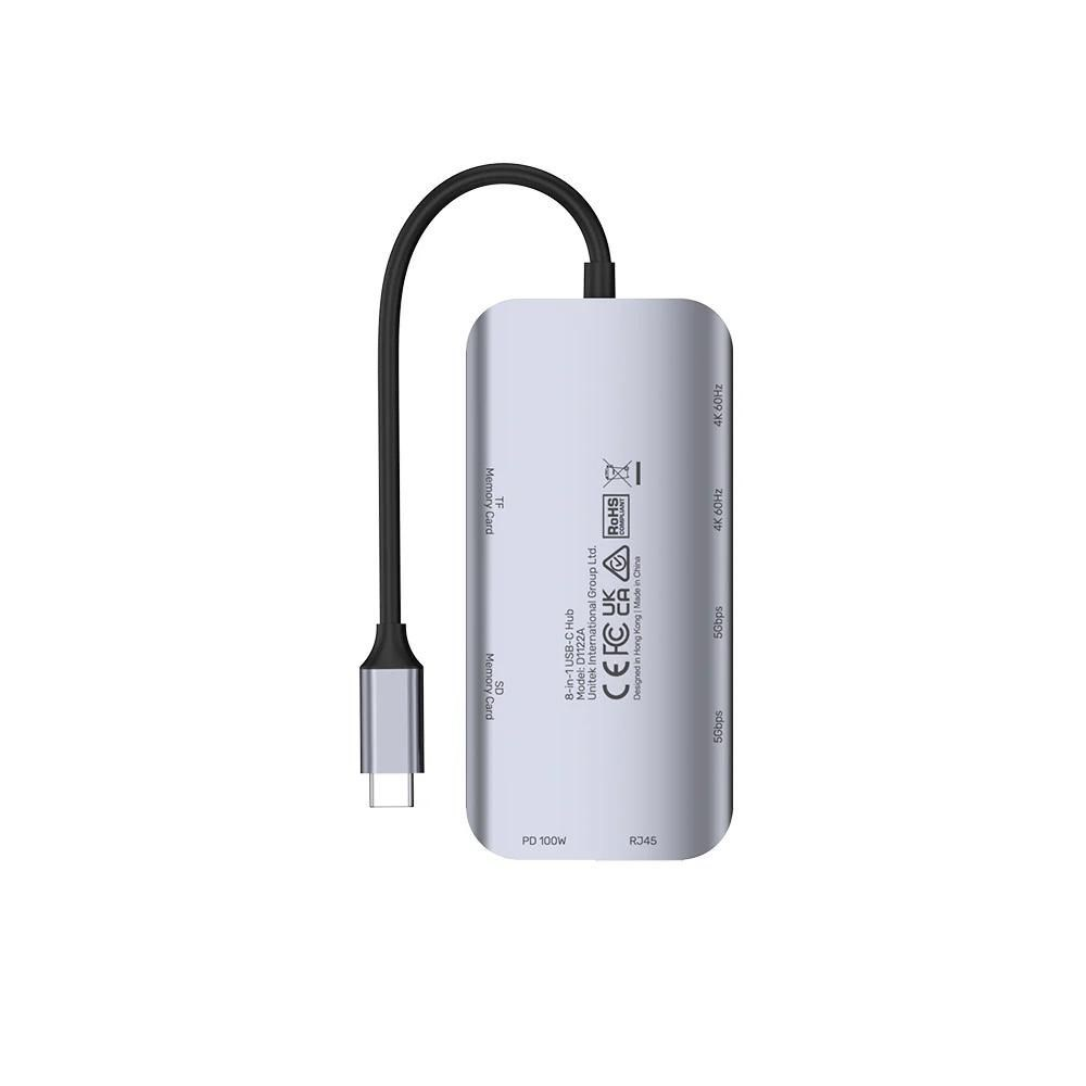 Srebrny hub USB-C z kablem. Etykiety: TF, SD, 4K 60Hz, 5Gbps, PD 100W, RJ45.