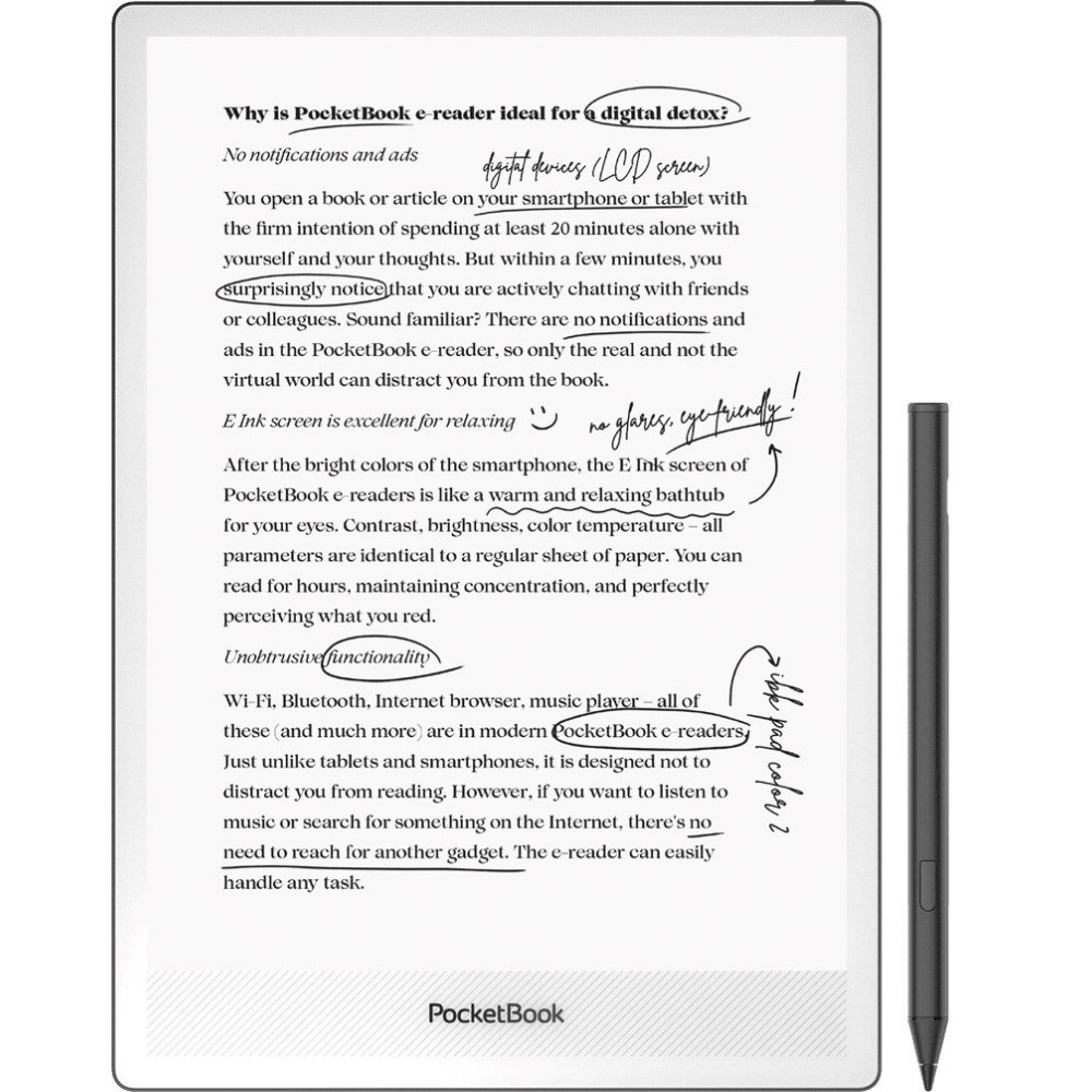 Czytnik e-booków PocketBook ze stylusem, wyświetlający tekst o zaletach czytnika.