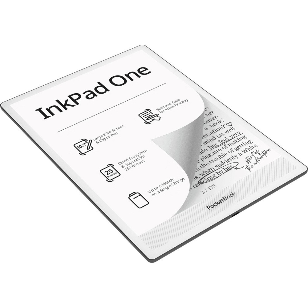 Biały tablet E Ink "InkPad One" z ikonami ekranu, pióra, formatów i baterii.