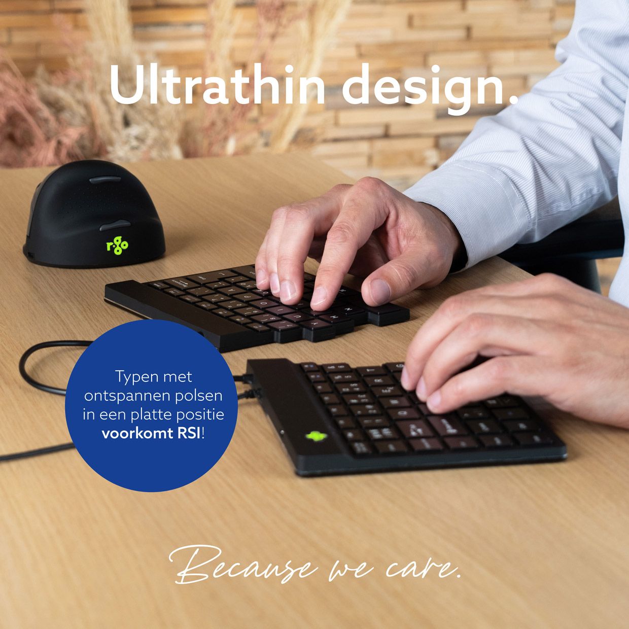 Eine Person tippt auf einer ultradünnen, geteilten Tastatur mit einer vertikalen Maus.