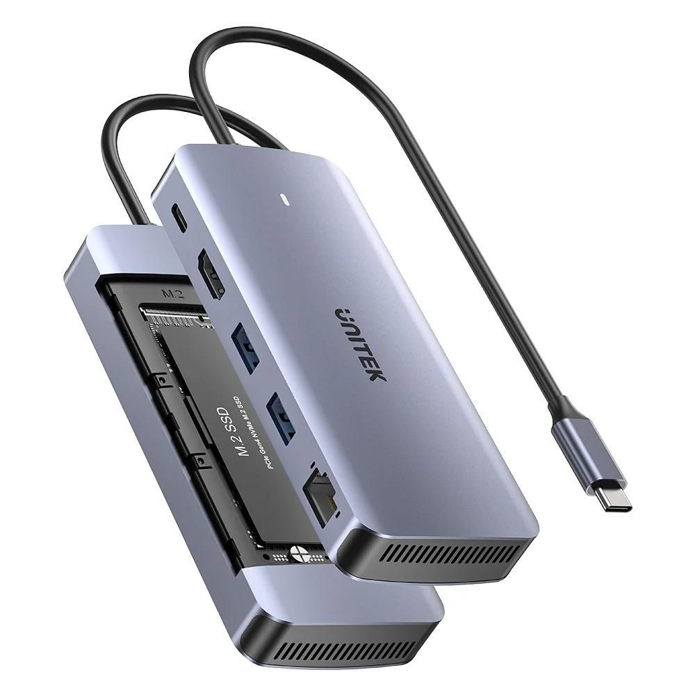 Szara obudowa Unitek M.2 SSD z portami USB i kablem.