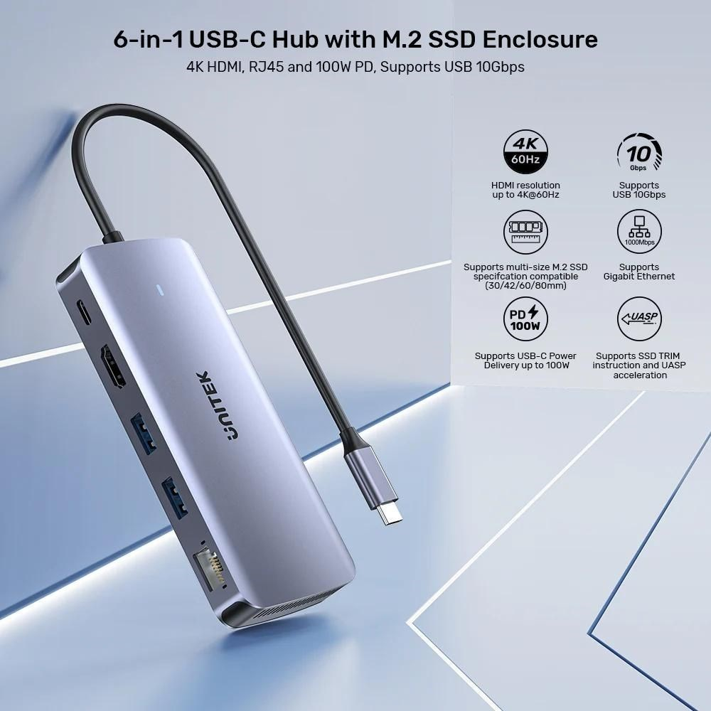 Srebrny koncentrator UNITEK 6-w-1 USB-C z obudową M.2 SSD, HDMI 4K, RJ45, 100W PD.