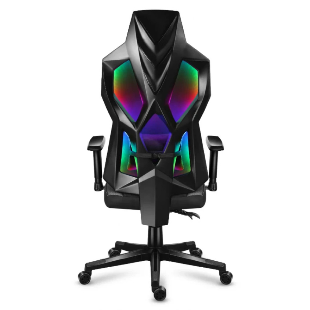Czarny fotel gamingowy z podświetleniem RGB z tyłu. Na kółkach.