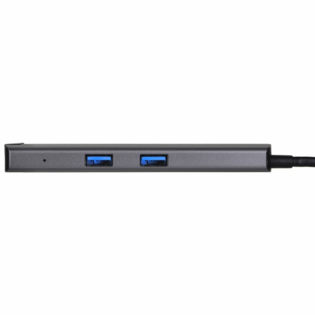 Szary hub USB z dwoma niebieskimi portami USB i kablem.