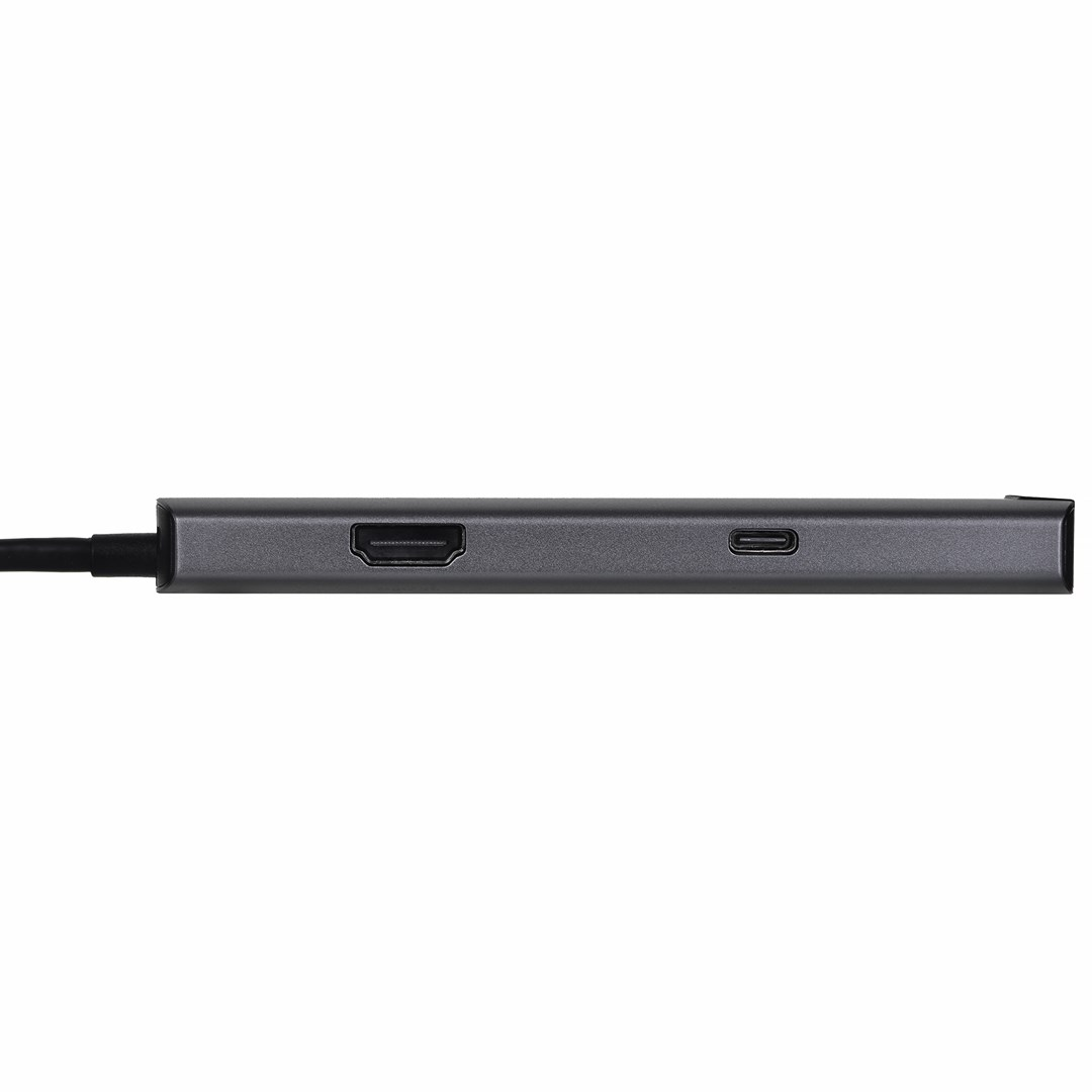 Szary adapter z portami HDMI i USB-C, z kablem.