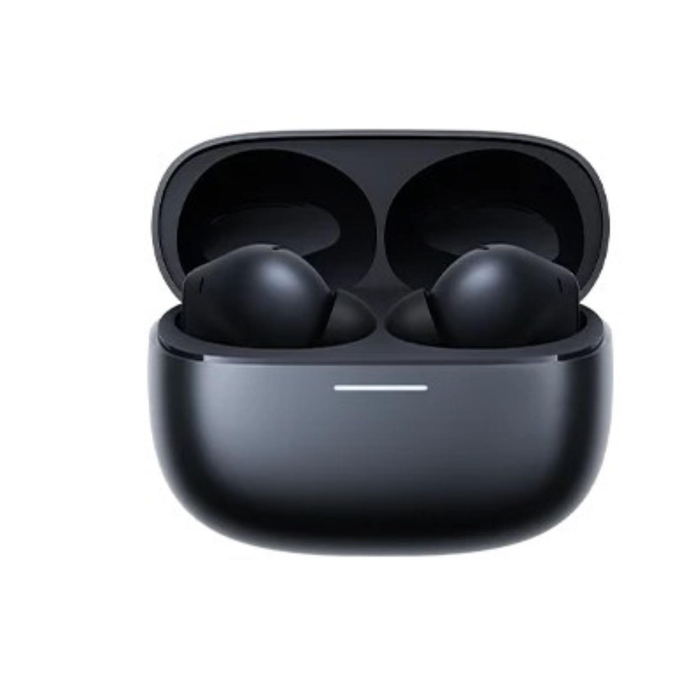 Black wireless earbuds in an open charging case with a white indicator light.