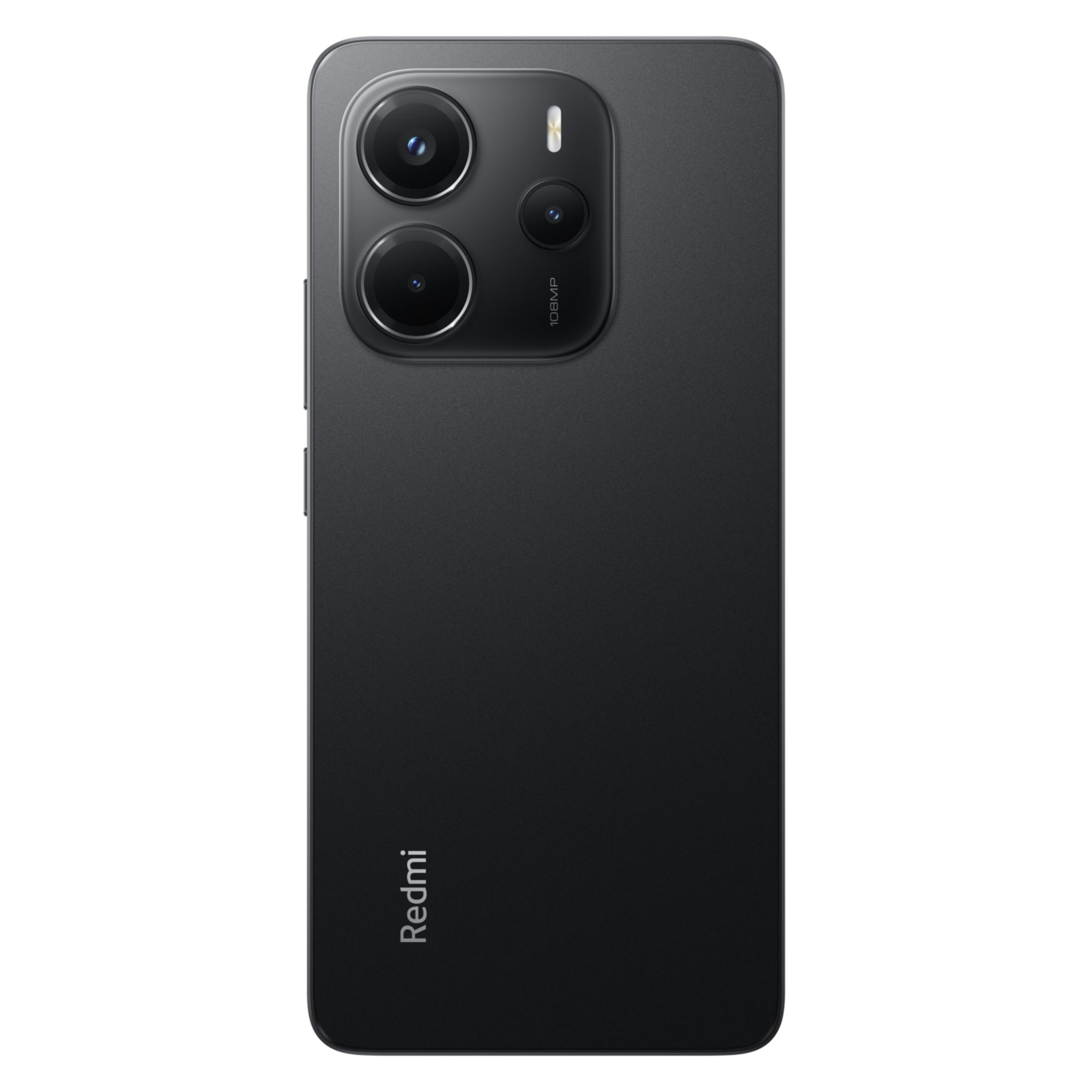 Back of a black smartphone showing three cameras and the Redmi logo.