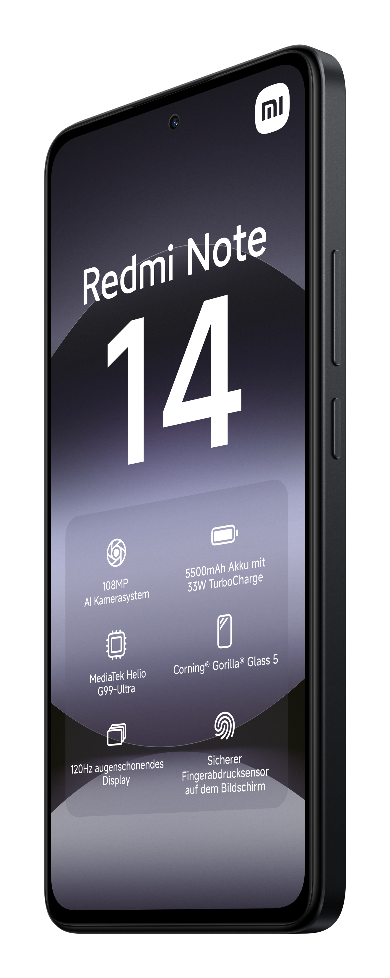 Black smartphone showing Redmi Note 14 and specs.