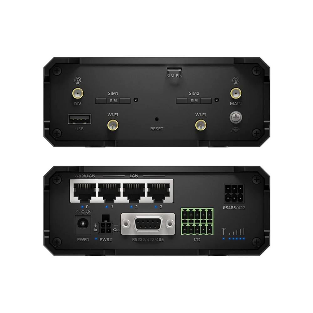 Tył czarnego routera z portami SIM, Wi-Fi, USB, LAN, WAN, RS232, I/O.