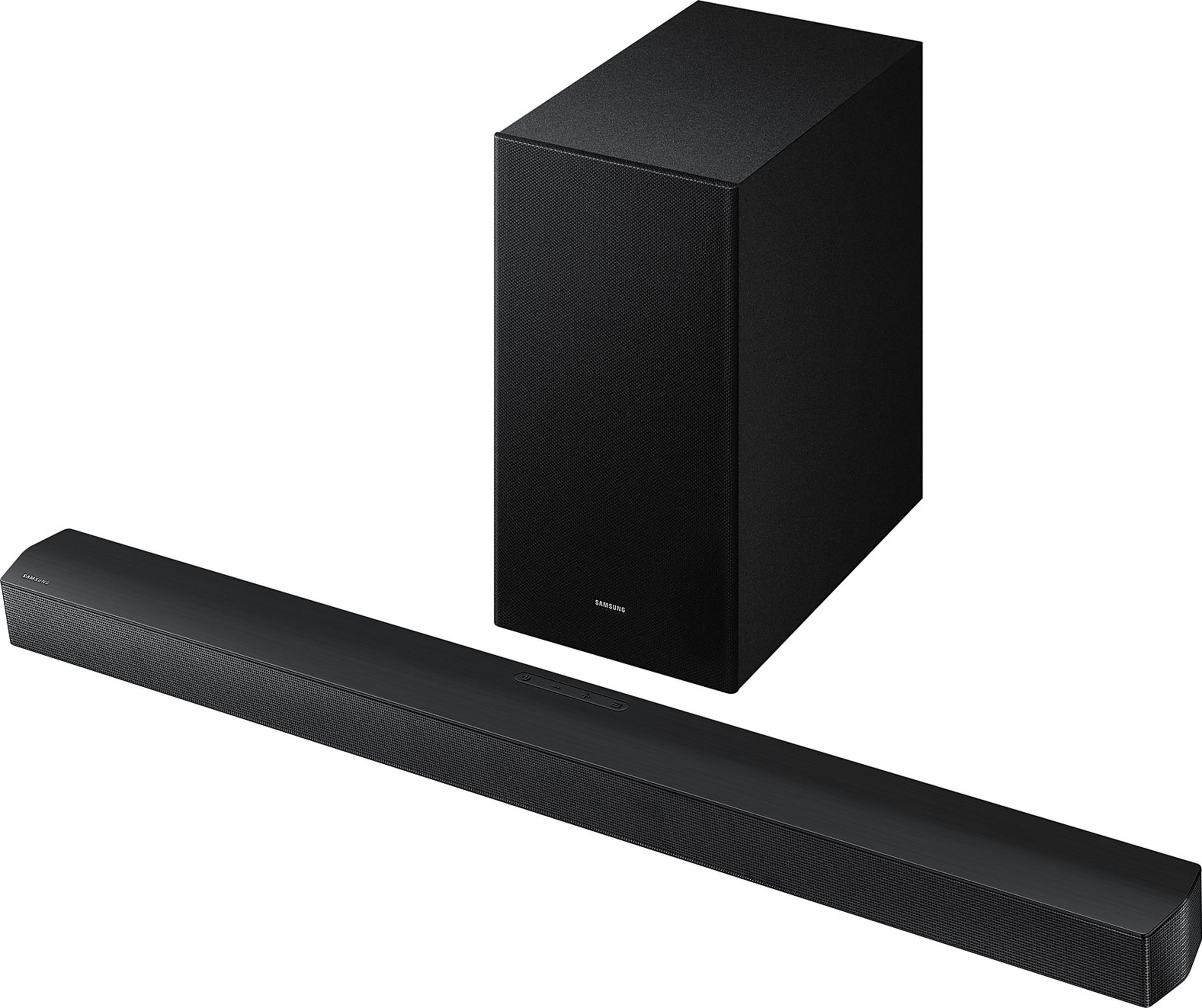 Ein schwarzer Samsung Soundbar und Subwoofer auf weißem Hintergrund.