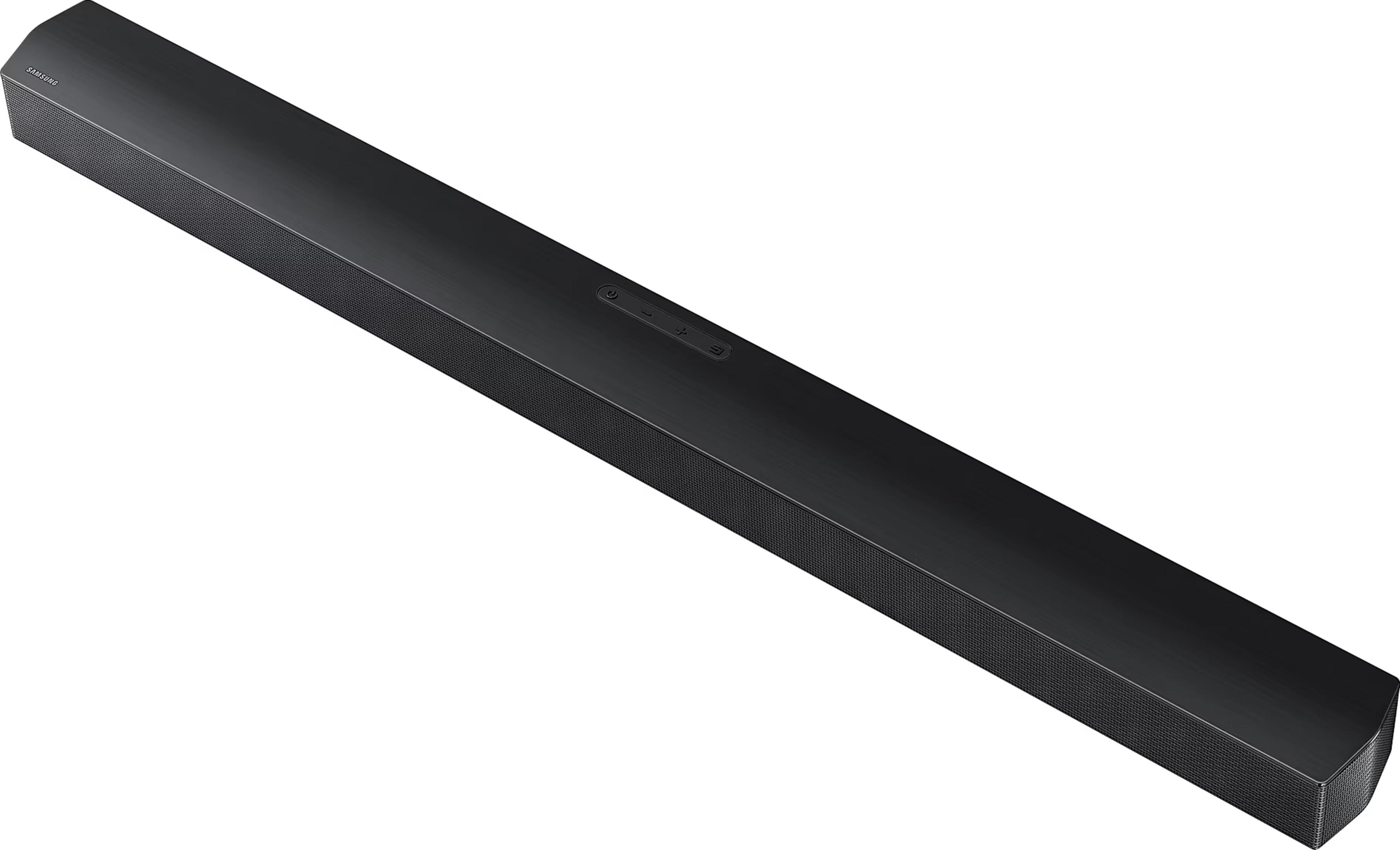 Schwarzer Samsung Soundbar mit Bedienknöpfen und Lautsprechergitter.