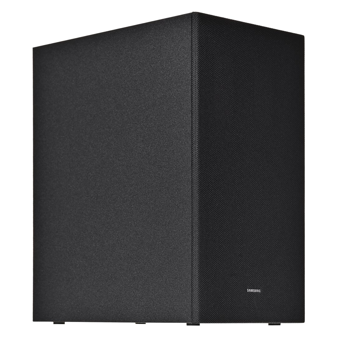 Ein schwarzer Samsung Subwoofer mit texturierter Oberfläche, isoliert auf weißem Hintergrund.