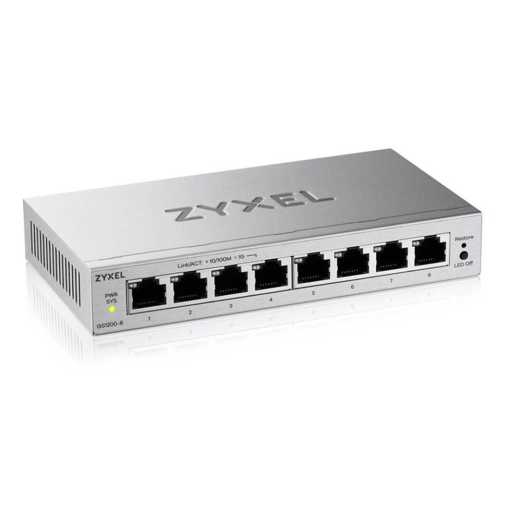 Srebrny przełącznik Zyxel GS1200-8 z ośmioma portami Ethernet i diodami LED.