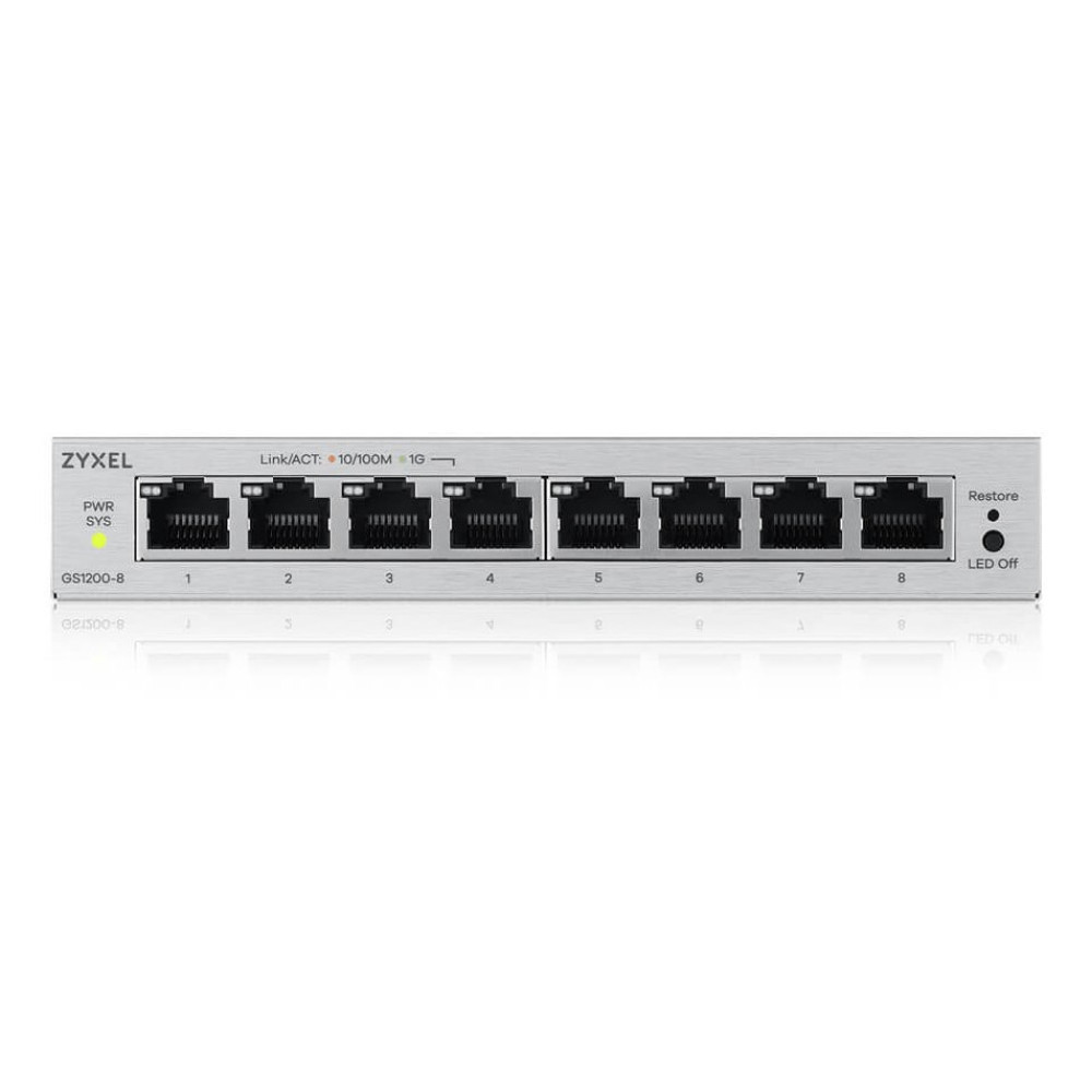 Srebrny przełącznik Zyxel GS1200-8 z 8 portami i wskaźnikami LED.
