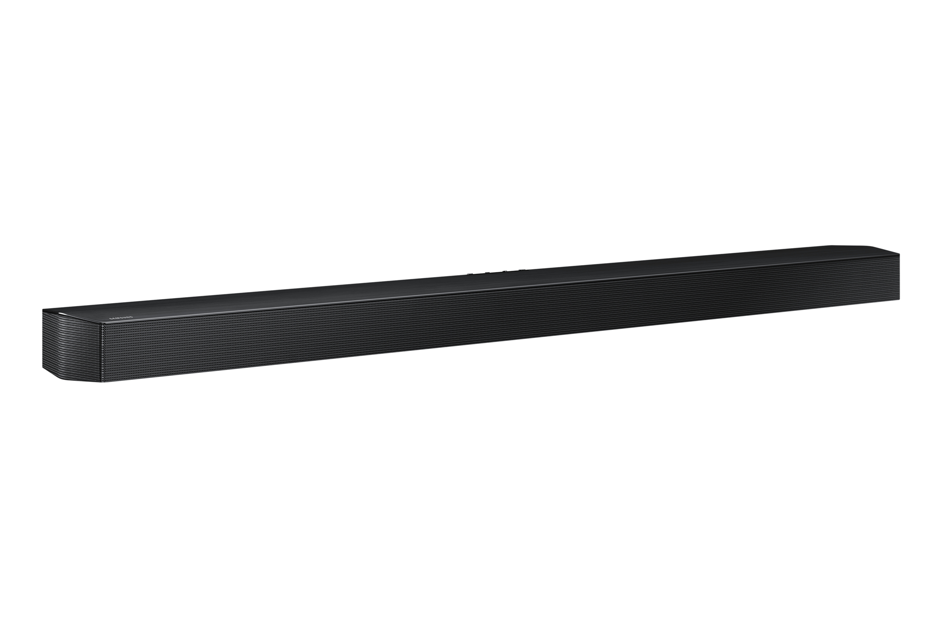 Czarny soundbar z teksturowaną przednią kratką i przyciskami na górze, na białym tle.