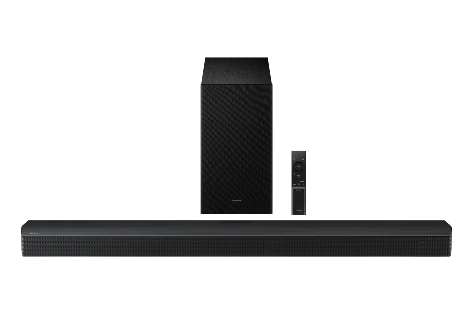 Czarny soundbar Samsung, subwoofer i pilot na białym tle.