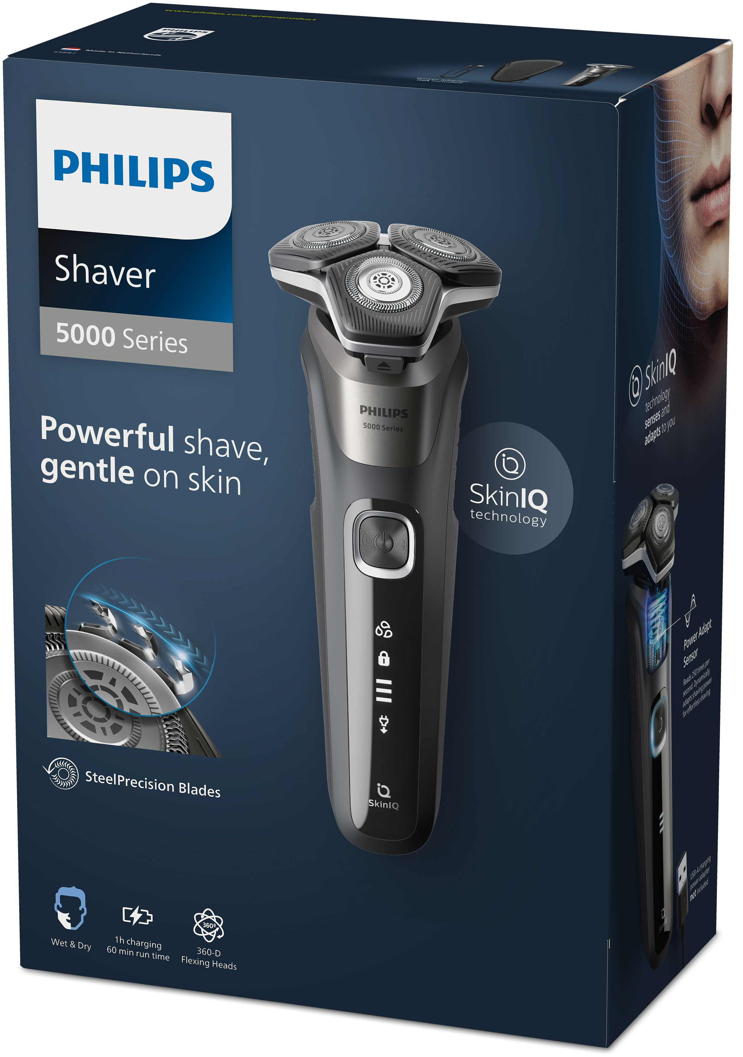 Opakowanie golarki Philips Serii 5000 z technologią SkinIQ i ostrzami Steel Precision.