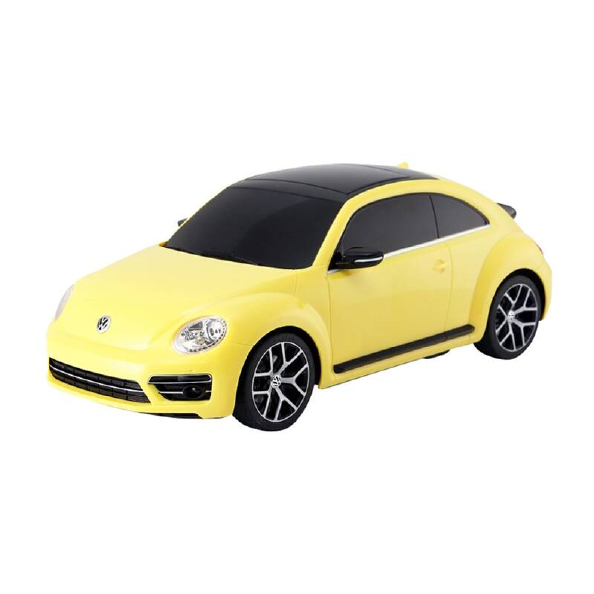 Un VW Escarabajo amarillo con techo y llantas negras sobre fondo blanco.