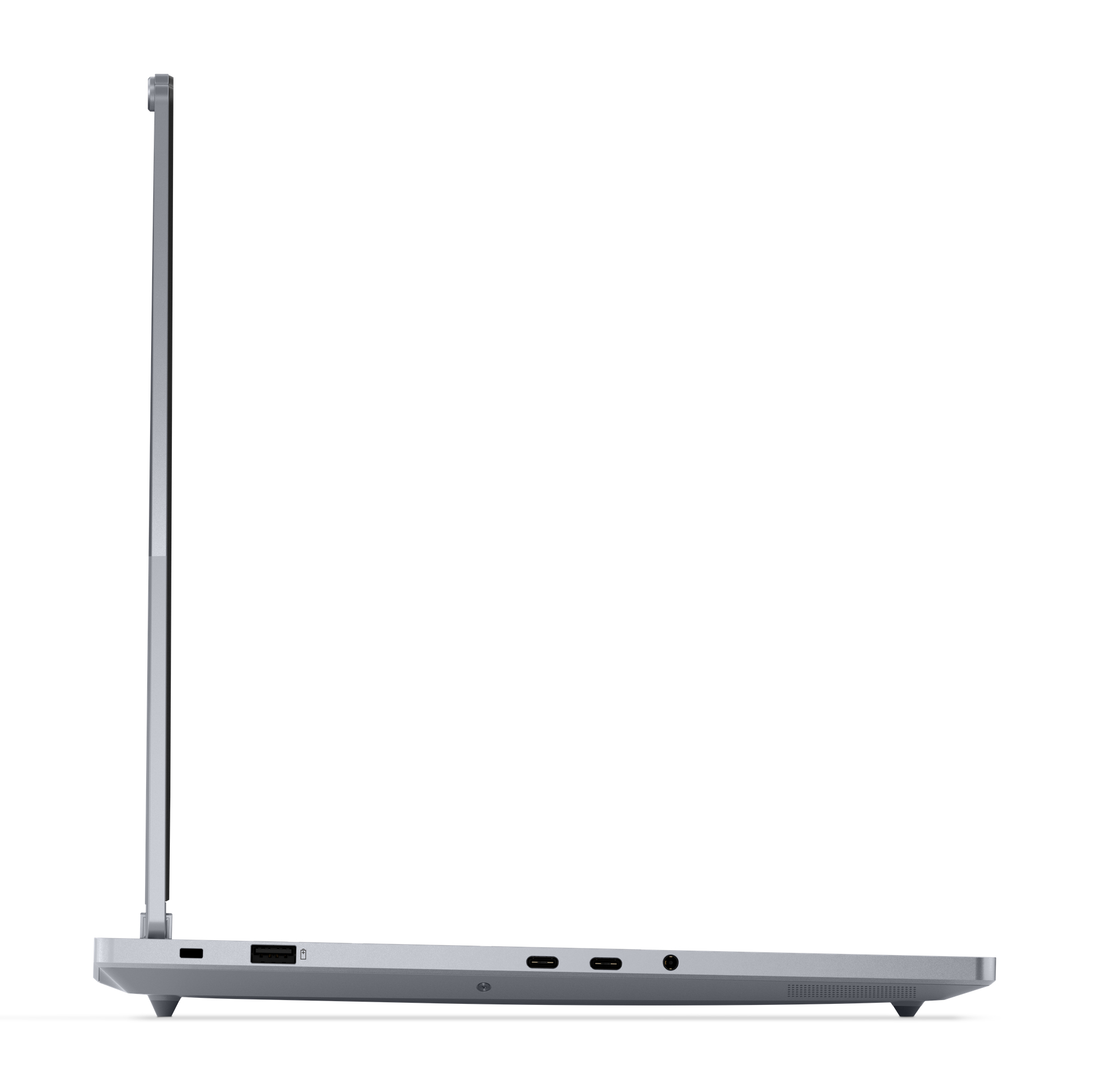 Szary profil laptopa pokazujący porty USB-A, USB-C i słuchawkowe.