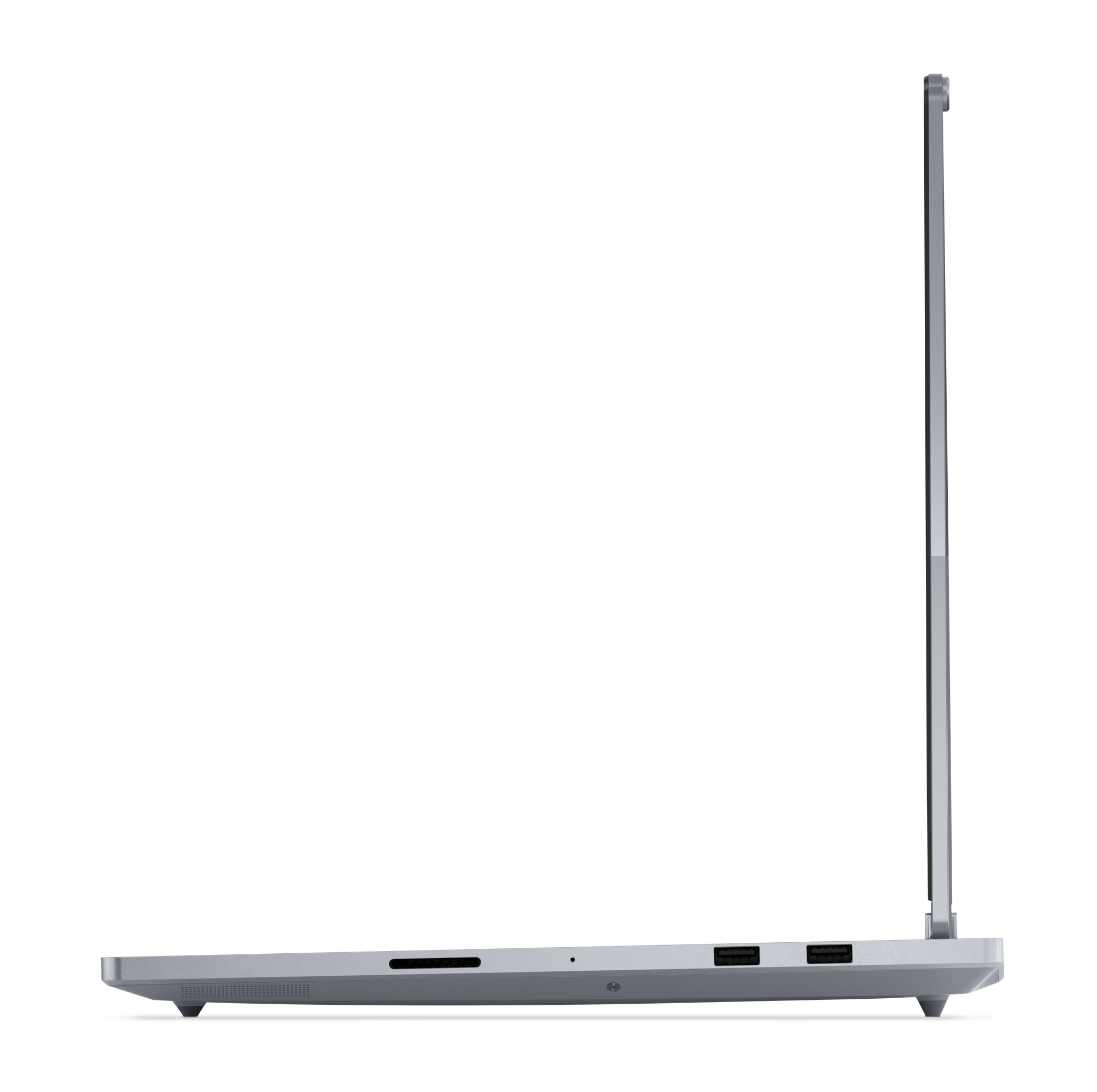 Widok z boku srebrnego laptopa pokazujący porty USB i gniazdo karty SD.